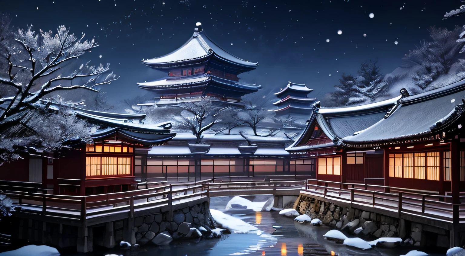 A photo taken from a computer screen in a Japanese village, Beautiful rendering of the Tang Dynasty, traditional japanese concept art, akihiko yoshida. illusory engine, beautiful anime scenes, japanese town, inspired by Kanō Hōgai, Beautiful digital artwork, 8K high quality detailed art, Beautiful wallpaper, Moonlight snow, Anime background art, digital painting of a pagoda