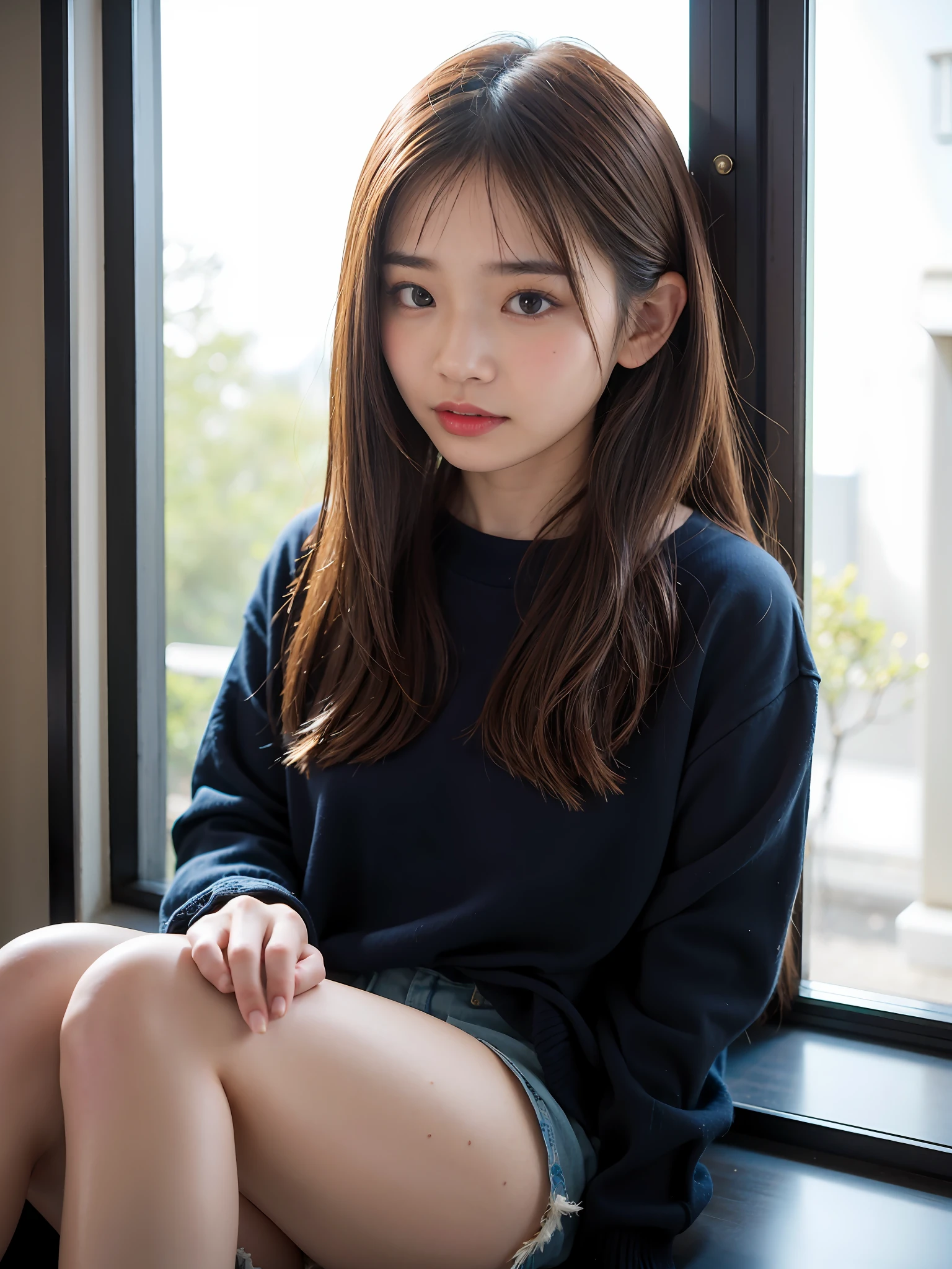 Asian woman in Alafed sitting on window sill looking at camera, Young Asian Girl, portrait of a japanese , a cute young girl, zora々Shishi Japan of Girls, young and cute girl, girl cute-fine-face, Young Girl, young cute wan asian face, Beautiful young girl, gorgeous young model, chiho, Asian girl with long hair