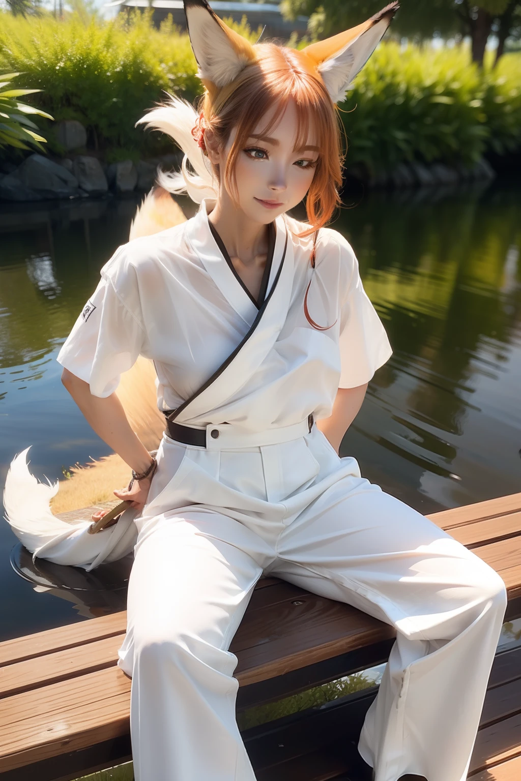 The fox demon sits on the water with nine tails and white clothes