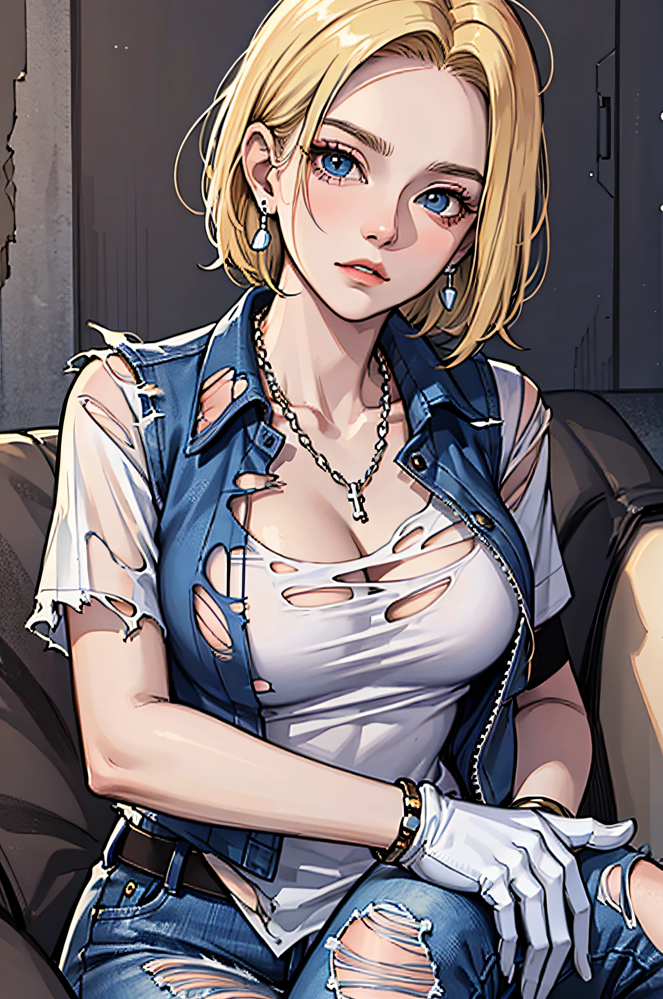 best quality, highres, and18, 1girl, android 18, solo, blonde hair, blue eyes, belt, jeans, pearl_necklace, bracelet, black gloves, white shirt, short hair, short sleeves, earrings, blue pants, open vest, black vest, large breasts, (ruins:1.3), (torn clothes:1.5), sitting, expressionless, crossed legs,