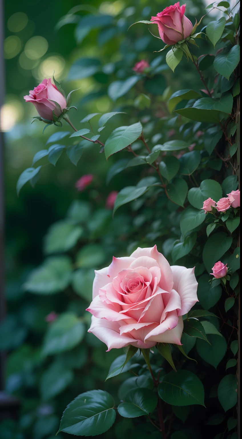 There is a pink rose growing in the bushes, shot with a canon 35mm lens, photo of a rose, taken with a pentax k1000, taken with a pentax1000, Two 5 mm ports, taken with kodak portra, rose twining, Pink rose, 35mm shot