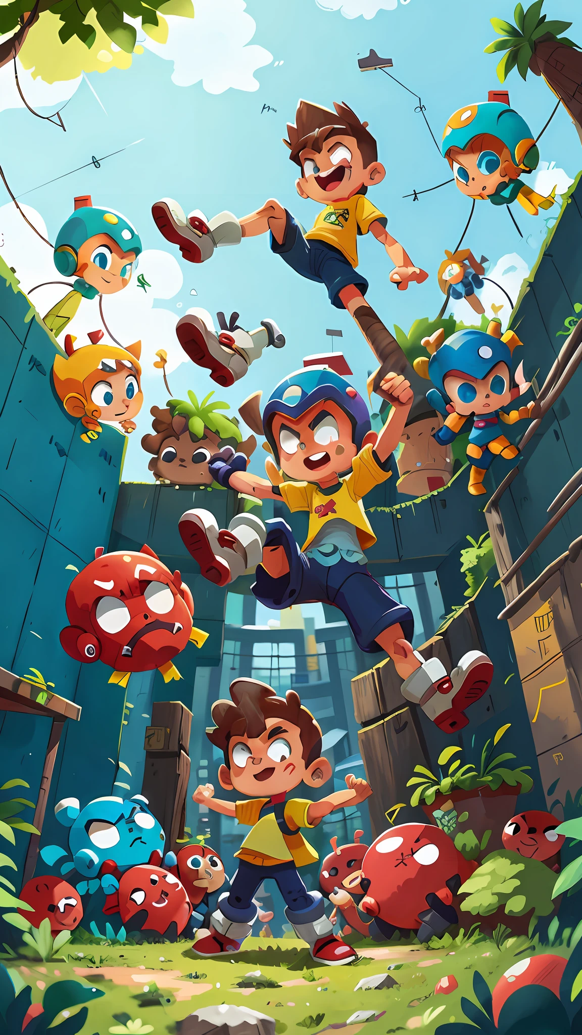 (megaman style:1.2), parkour, Boy with thick robot leg, tubos e fios, pulando de um muro, foco no garoto, de baixo para cima, radical, feliz e alegre. Melhor qualidade super detalhado