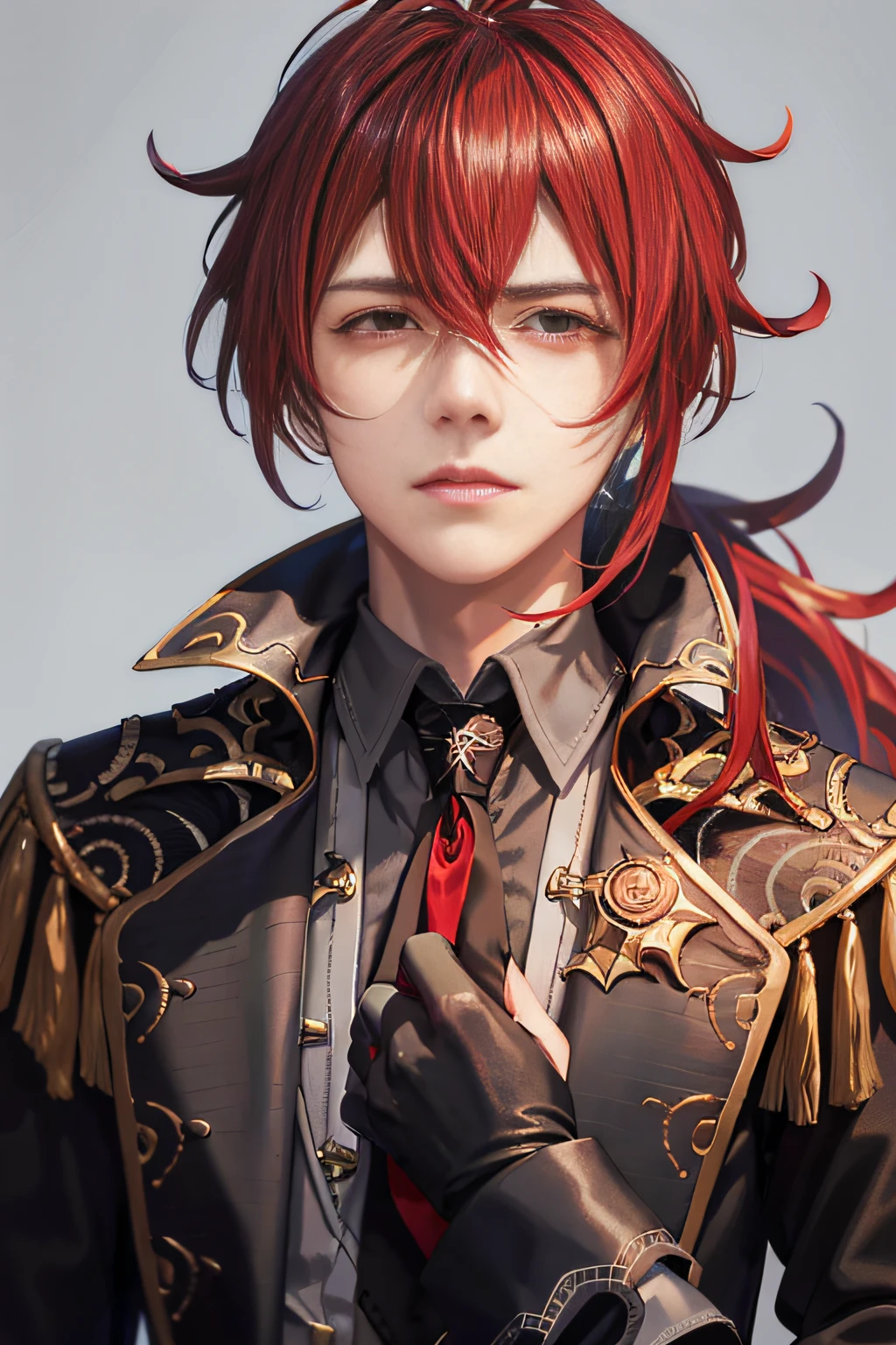 masterpiece, best quality,diluc (genshin impact), 1boy, red hair, male focus, long hair, gloves, solo, red eyes, bangs, long sleeves, looking at viewer, jacket, hair between eyes, ponytail, black gloves, black jacket,  (grey background:1.4),(kbxll:0.6)