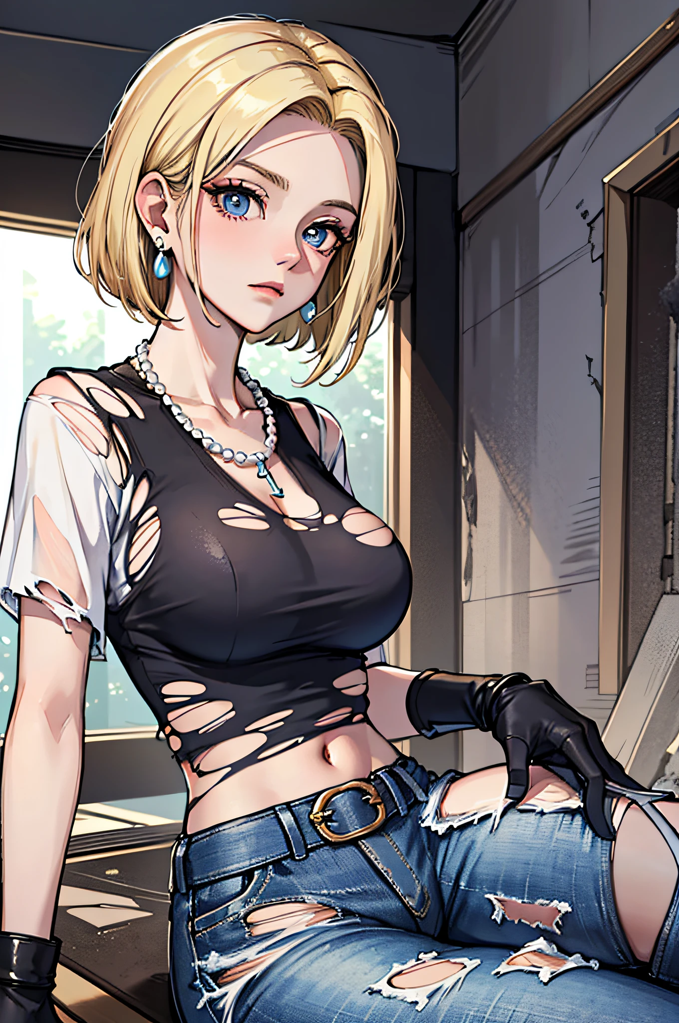 best quality, highres, and18, 1girl, android 18, solo, blonde hair, blue eyes, belt, jeans, pearl_necklace, bracelet, black gloves, white shirt, short hair, short sleeves, earrings, blue pants, open vest, black vest, large breasts, (ruins:1.3), (torn clothes:1.5), sitting, expressionless, crossed legs,