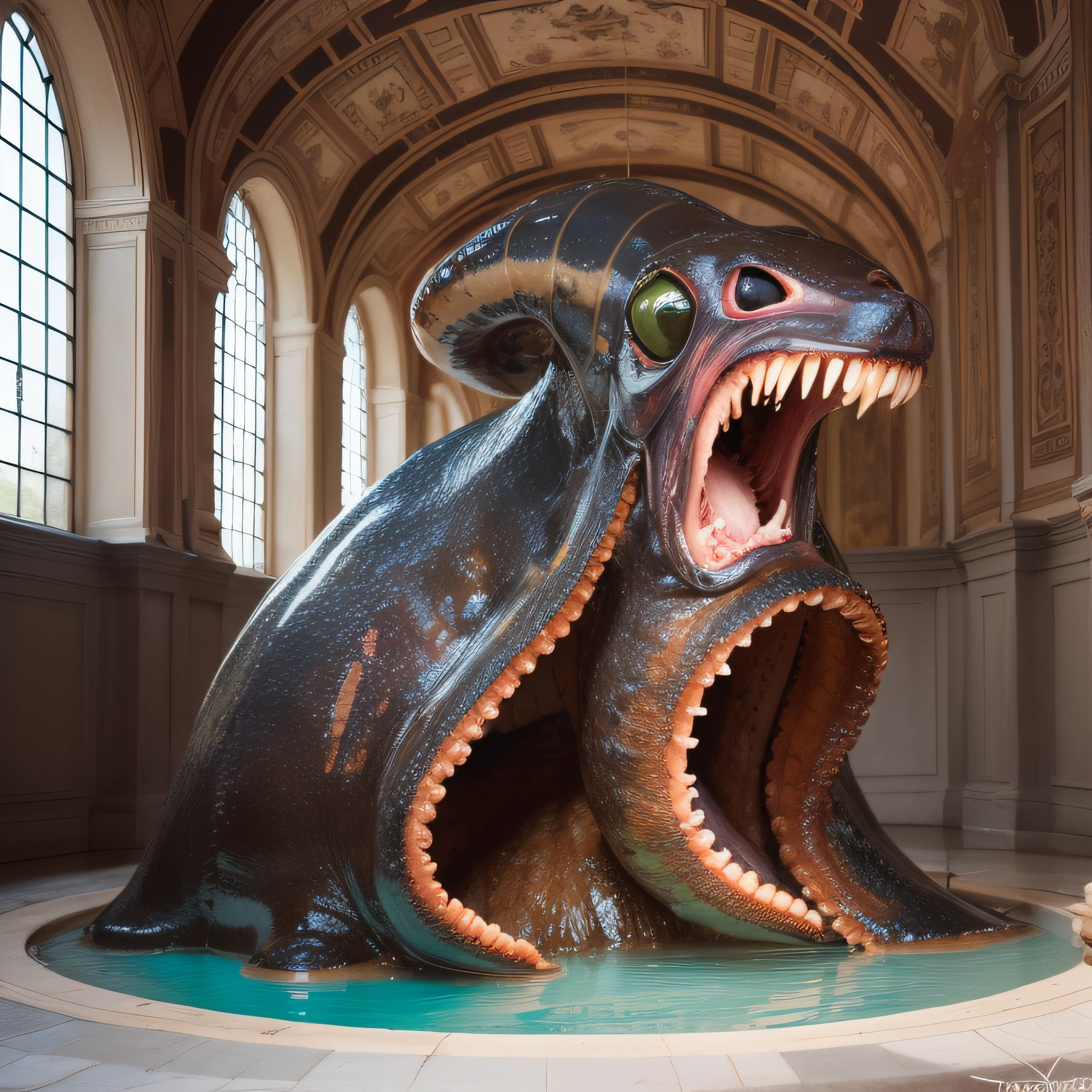 (extremadamente detallado, obra maestra, La mejor calidad), Estilo oscuro, intense illumination, rostro con arrugas, lengua larga, tentacle, deforme, monstruoso, interior de una piscina de agua verdosa, imagen submarina, alien con Colmillos finos, pico de pulpo amenazante. manchas de tinta. Rococo composition. Luz de caravaggio