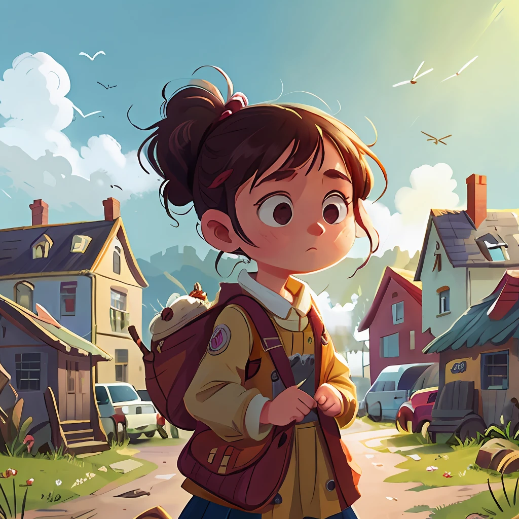 Create an image depicting the bustling town of Lumaria, where the young girl Damara resides. Portray the energy of the town and the stark contrast between Damara's dreams and the conventional life around her