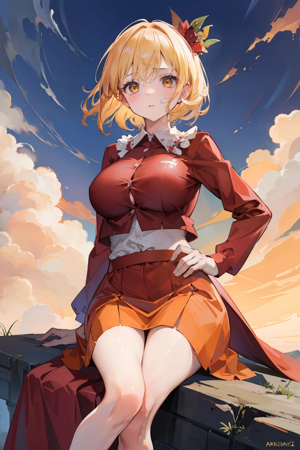 (masterpiece),best quality, expressive eyes, perfect face, 1girl,
big breast, H-cup, good breast, beautiful, gorgeous,anime,girl,lora, floating clothes,w sitting, w sitting on ground, legs on ground,aki shizuha,1girl,aki shizuha, blonde hair, short hair, yellow eyes, leaf hair ornament,red shirt,skirt,long sleeves,curtain chest ,hands on hips, hands on waist,reveals chest, reveals boobs