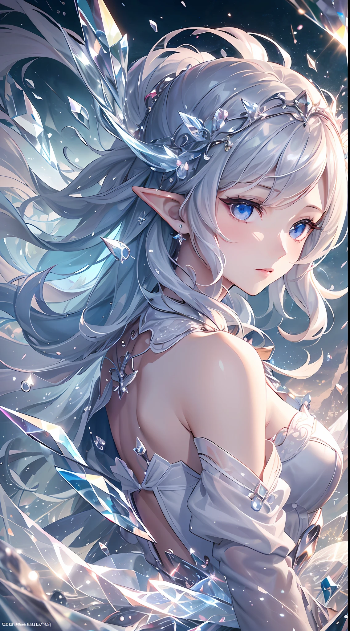 (Masterpiece, Top Quality, Best, Official Art, Beautiful and Aesthetic, Long Exposure: 1.2), Smooth Movement, Charming Patterns, 1 Girl, (Long Dress with Sleeves: 1.3), (((White Clothes) )), upper body close-up, bare shoulders, Chinese girl, blush, black lob hair, portrait, solo, upper body, looking at the observer, detailed background, detailed face, (crystallineAI, crystalline theme:1.1), elemental wind elves, rotation Wind, control the wind, white crystal clothing, dynamic pose, floating particles, ethereal dynamics, whirlwind, vapor, whirlwind in the background, white tone, whirlwind, ethereal atmosphere,