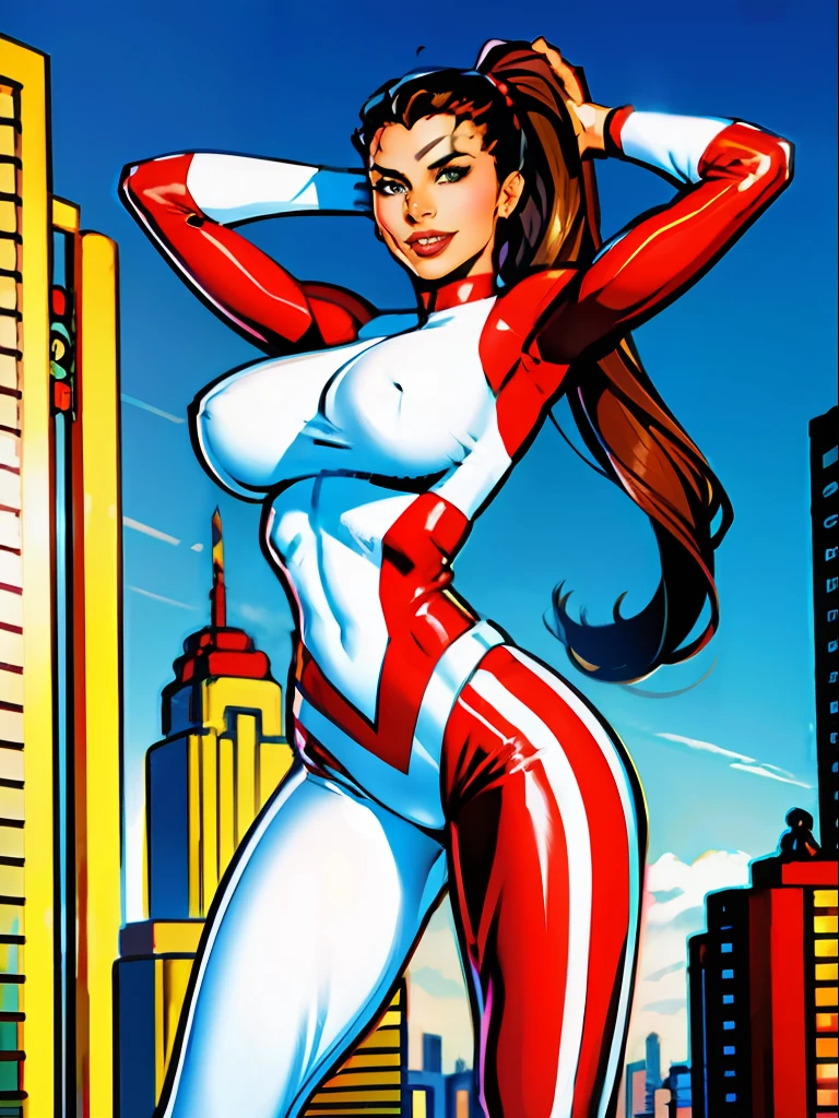 1girl, sexy pose, cheerful, posing for cameras, hands on hips, Stretcher the busty brunette comic book woman, happy, smiling, stretching, hand on hip, long hair, huge ponytail, slim, thin, athletic, womanly, rubbery, elastic woman, white and red spandex, rubber body, brunette, ((huge breasts)), city, heroic, cheerful, (bold nose, hawkish features),