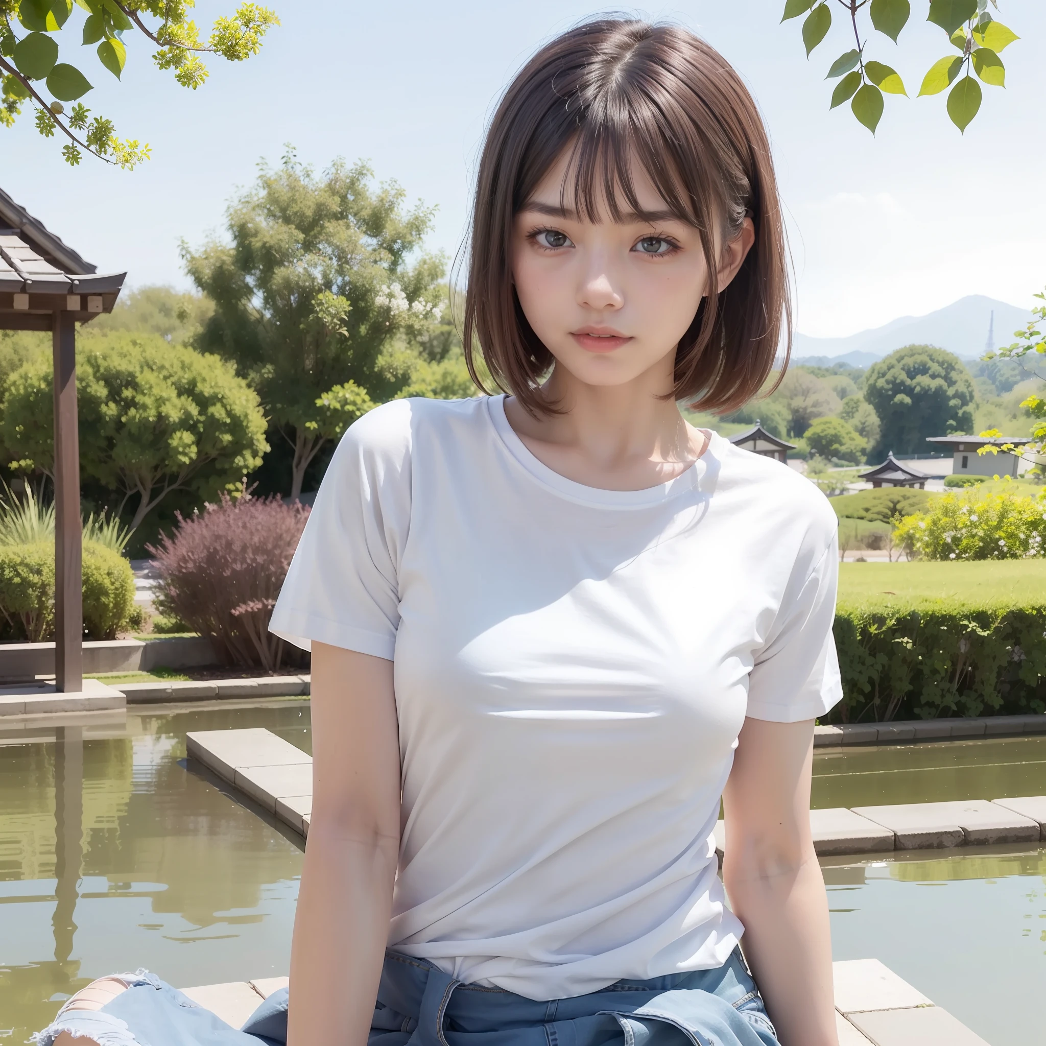 Top image quality、((white t-shirts:1.3)),Japan Woman、25-years old、prety woman、Reflection from the waist up、Facing the front、Smaller chest、Beautiful skin、a short bob、A refreshing smile