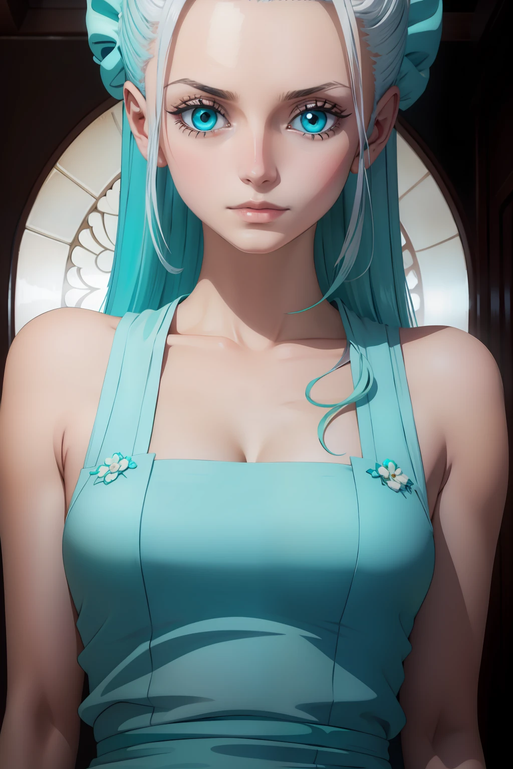 Turquoise eyes, White-haired maid, With a gentle expression