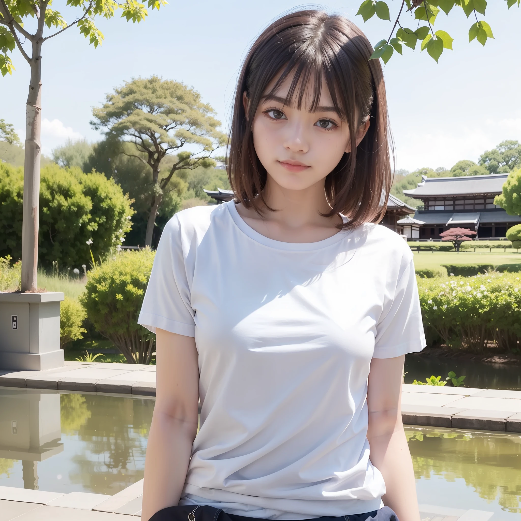 Top image quality、((white t-shirts:1.3)),Japan  Woman、25-years old、prety woman、Reflection from the waist up、Facing the front、Smaller chest、Beautiful skin、a short bob、A refreshing smile