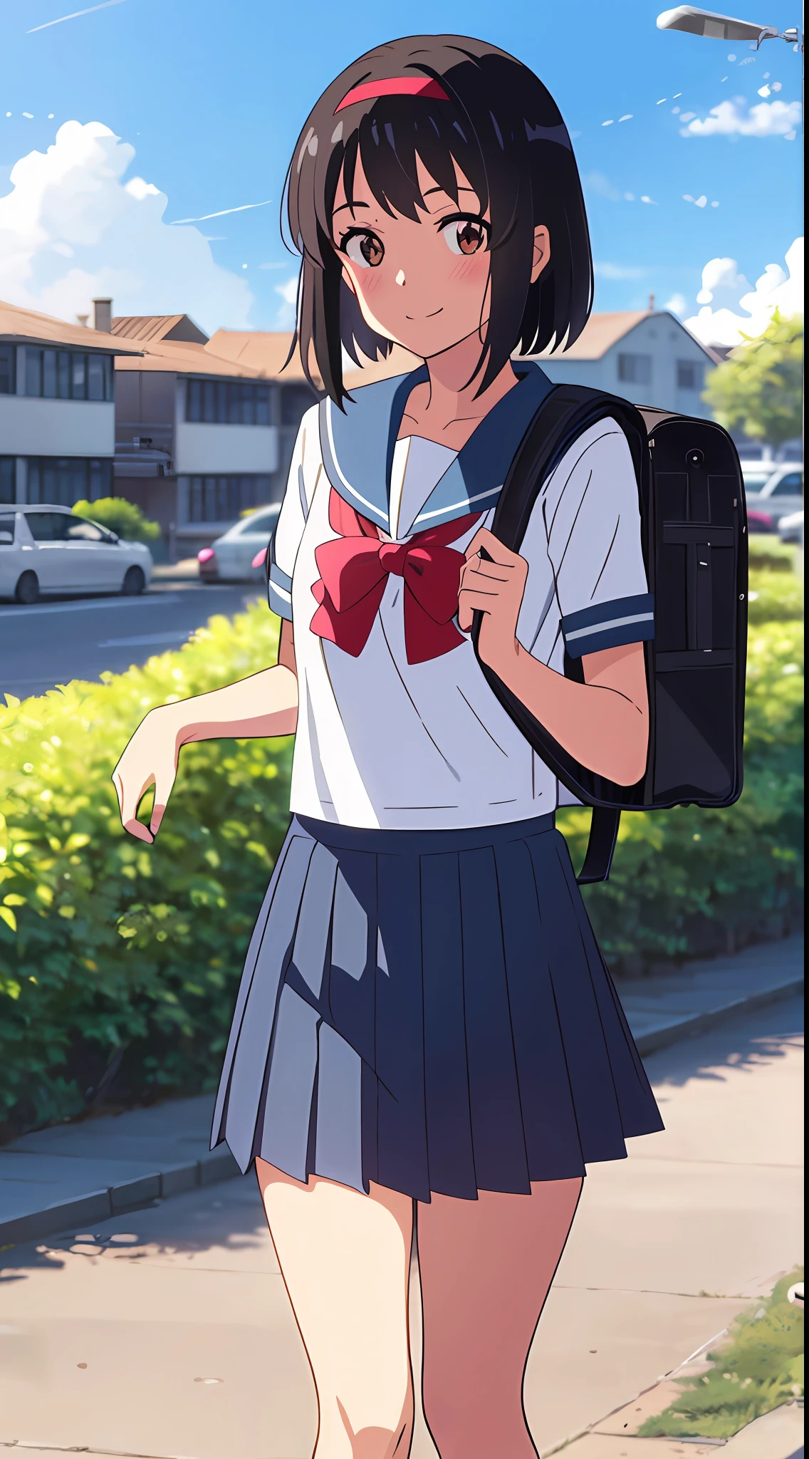 shinkai makoto, kimi no na wa., 1girl, bangs, black hair, blush, brown eyes, sky, cloud, sailor collar, blue sailor collar, sailor color, white sailor color, serafuku, looking at the viewer, outdoors, red headband, red ribbon, red bow, school uniform, short hair, smile, solo, shirt, blue skirt, pleated skirt, short sleeves, school backpack