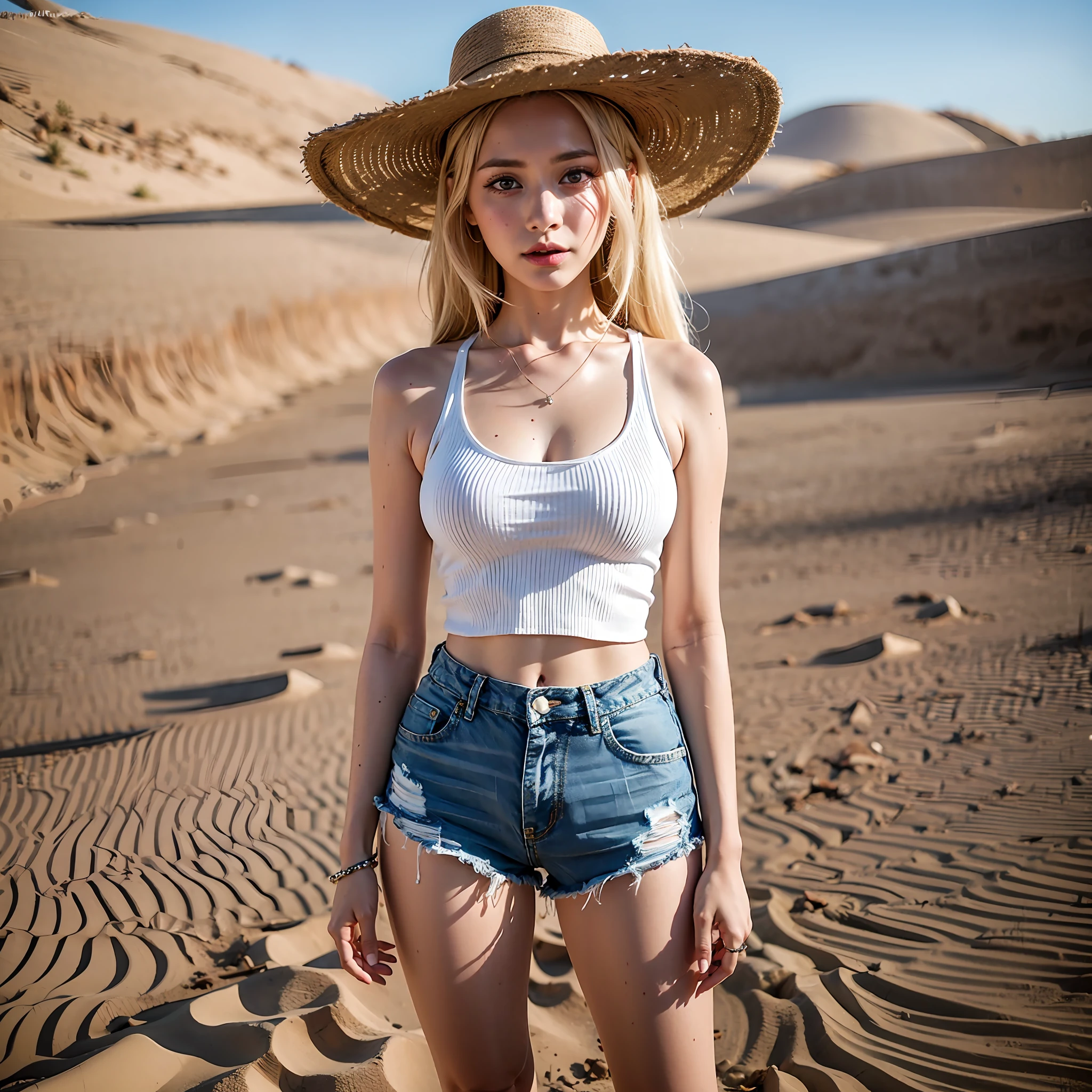 (8K、RAW Photos、top-quality、​masterpiece:1.2)、(realisitic、Photorealsitic:1.37)、ultra-detailliert、超A high resolution、Japan woman standing alone in the vast desert、女の子1人、beautifull detailed face、white tank tops、a navel、ripped denim shorts、sandal、full body Esbian、Long body、blonde  hair、blue eyess、length hair、skin tanned、sweats streamed skin、A desert、sand dunes、wavy desert、Standing in the desert、suns、scorching、Dazzling、Hot、rays of sunshine、Natural lighting