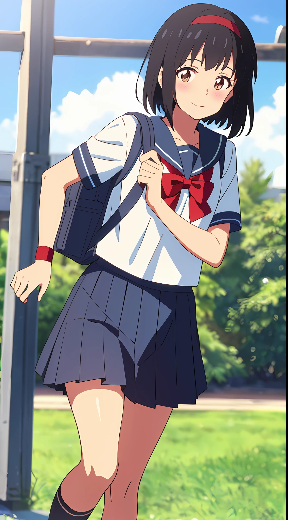 shinkai makoto, kimi no na wa., 1girl, bangs, black hair, blush, brown eyes, sky, cloud, sailor collar, blue sailor collar, sailor color, white sailor color, serafuku, looking at the viewer, outdoors, red headband, red ribbon, red bow, school uniform, short hair, smile, solo, shirt, blue skirt, pleated skirt, short sleeves, school backpack