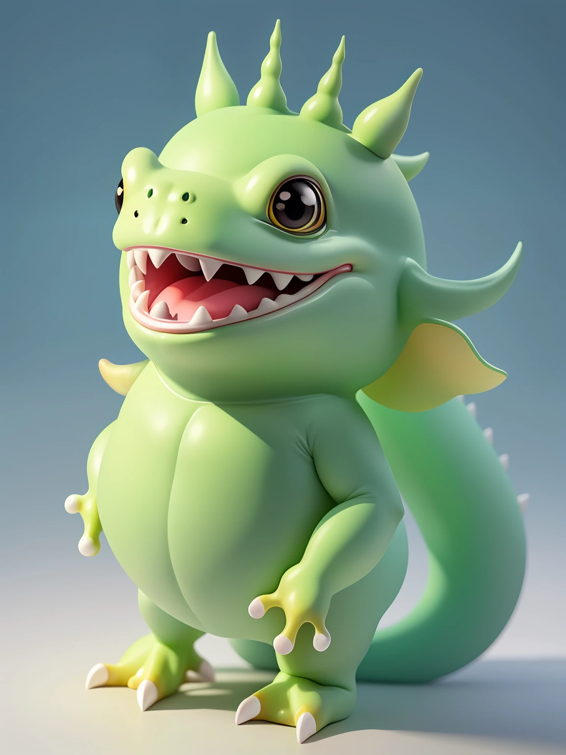 The head of this divine beast is like a frog，But the body is the image of a unicorn。It is stocky and stocky，Looks very cute。The entire shape of the mythical beast is full of childlike fun and humor。Its skin is smooth and elastic，The color is bright green，Looks very energetic。The eyes of this divine beast are huge，Shimmering brightly，It reveals a clever and clever atmosphere。When it opens its mouth，A row of neat teeth is exposed，It is reminiscent of cute dinosaurs。in short，This is a very endearing image of a mythical beast，It fits perfectly both in illustration and animation。
