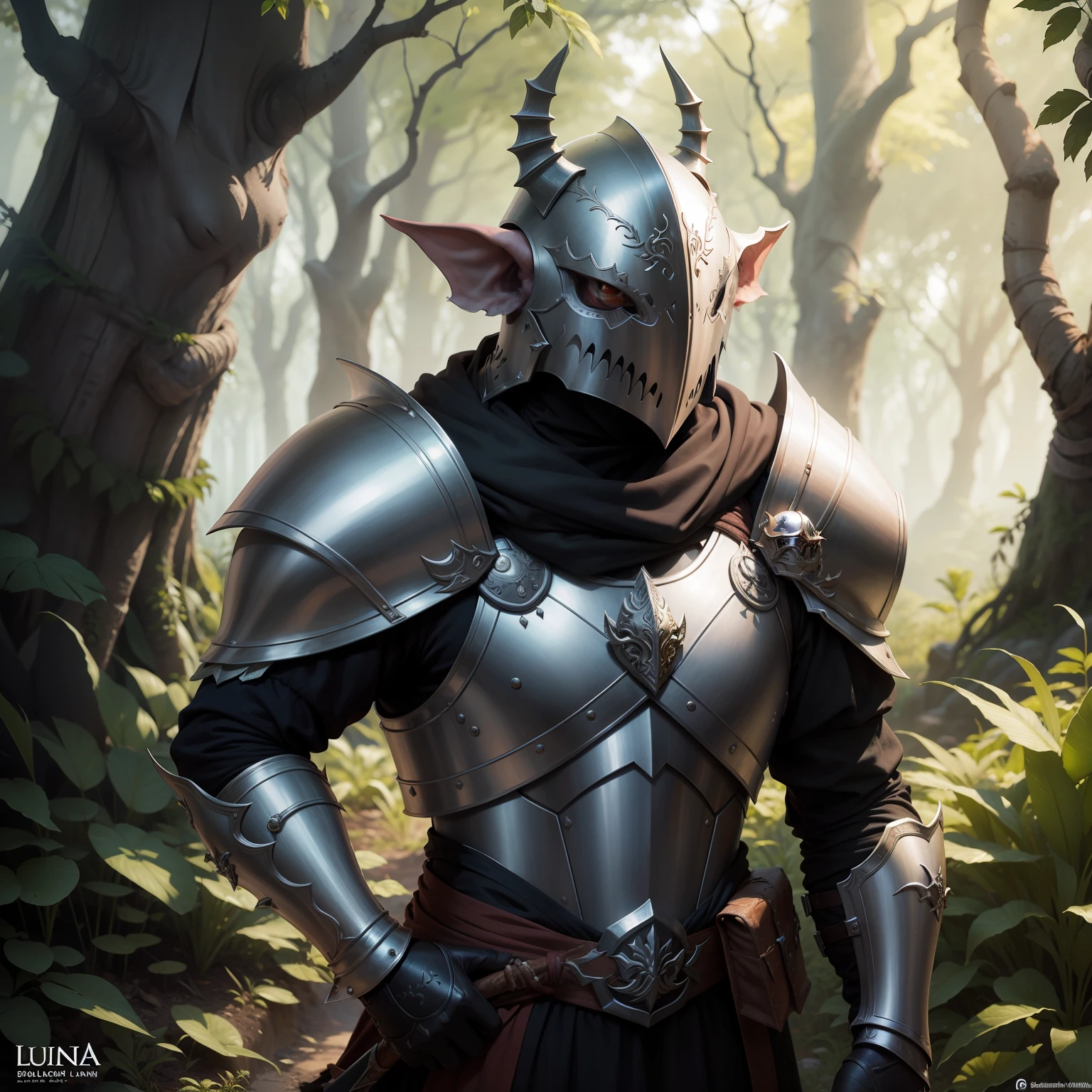 Um goblin de armadura e espada longa, no meio de uma floresta
