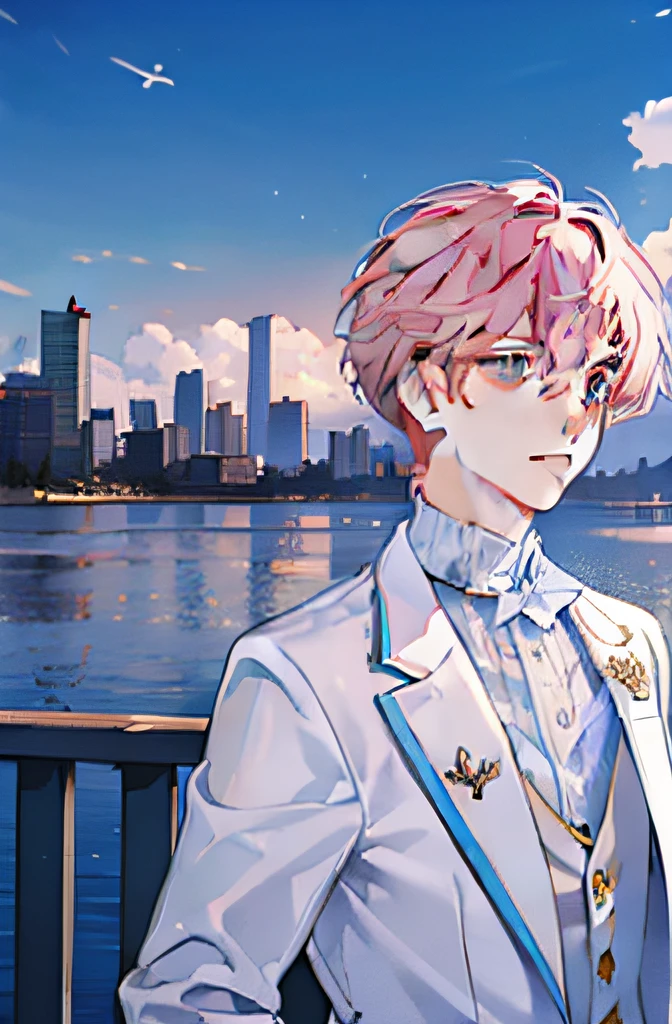 tmasterpiece，A pink-haired，Separate bangs，Blue and white storm suit，Young boys，city ruins，blue-sky，The sense of sacredness