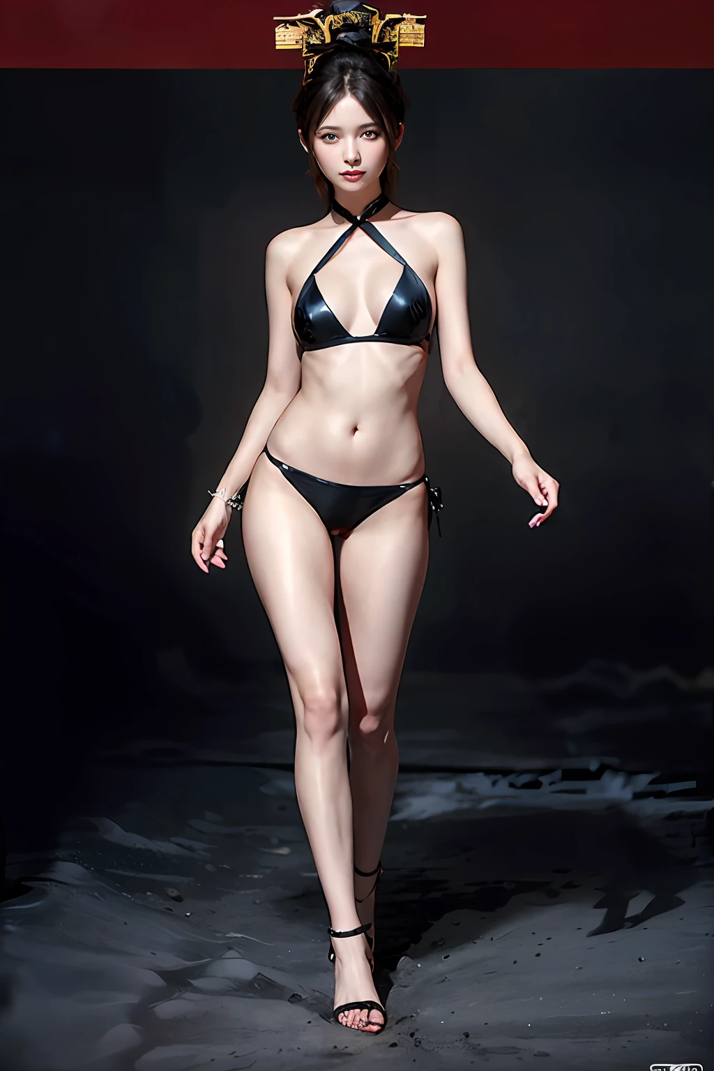 A Chinese woman。surrealist portrait,Fantasyart,photographrealistic,动态照明,poster for,Volumetriclighting,Chinese beautiful woman,Very detailed faces,highly accurate,Award-Awarded,Bikini swimwear,short detailed hair,full bodyesbian,standing on your feet,Wear black high heels(Not sandals),Catwalk walk,plain red background