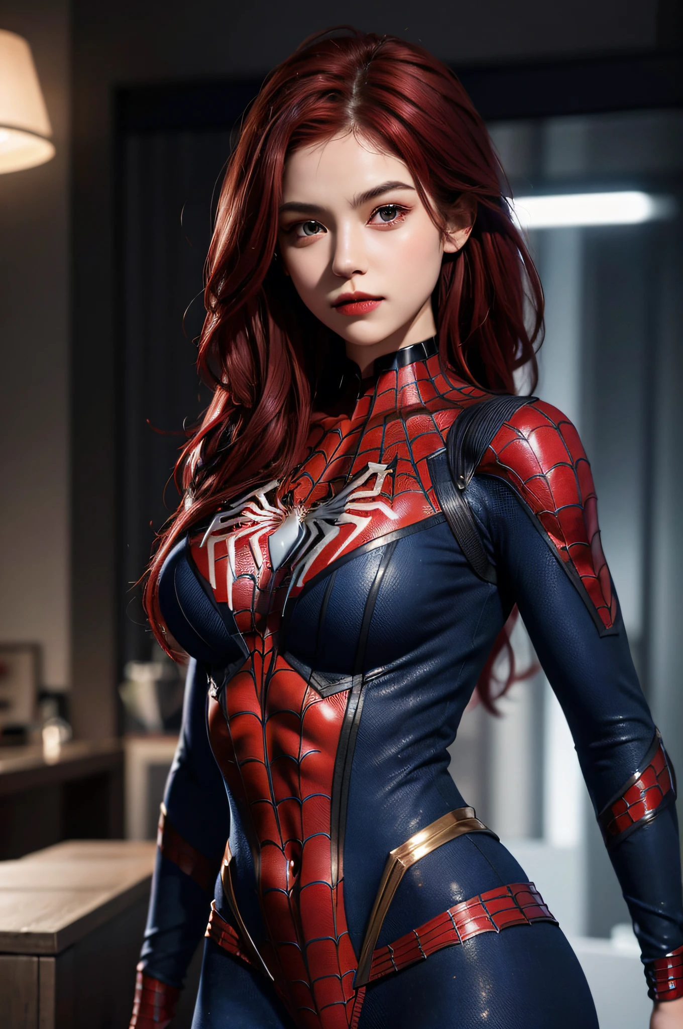 best qualtiy，GameCG，1girll，Bigchest，tmasterpiece，best qualtiy，8K，detailed skin textures，Detailed cloth texture，beautifull detailed face，Complicated details，the ultra-detailed，spiderman uniform，Straight red hair，