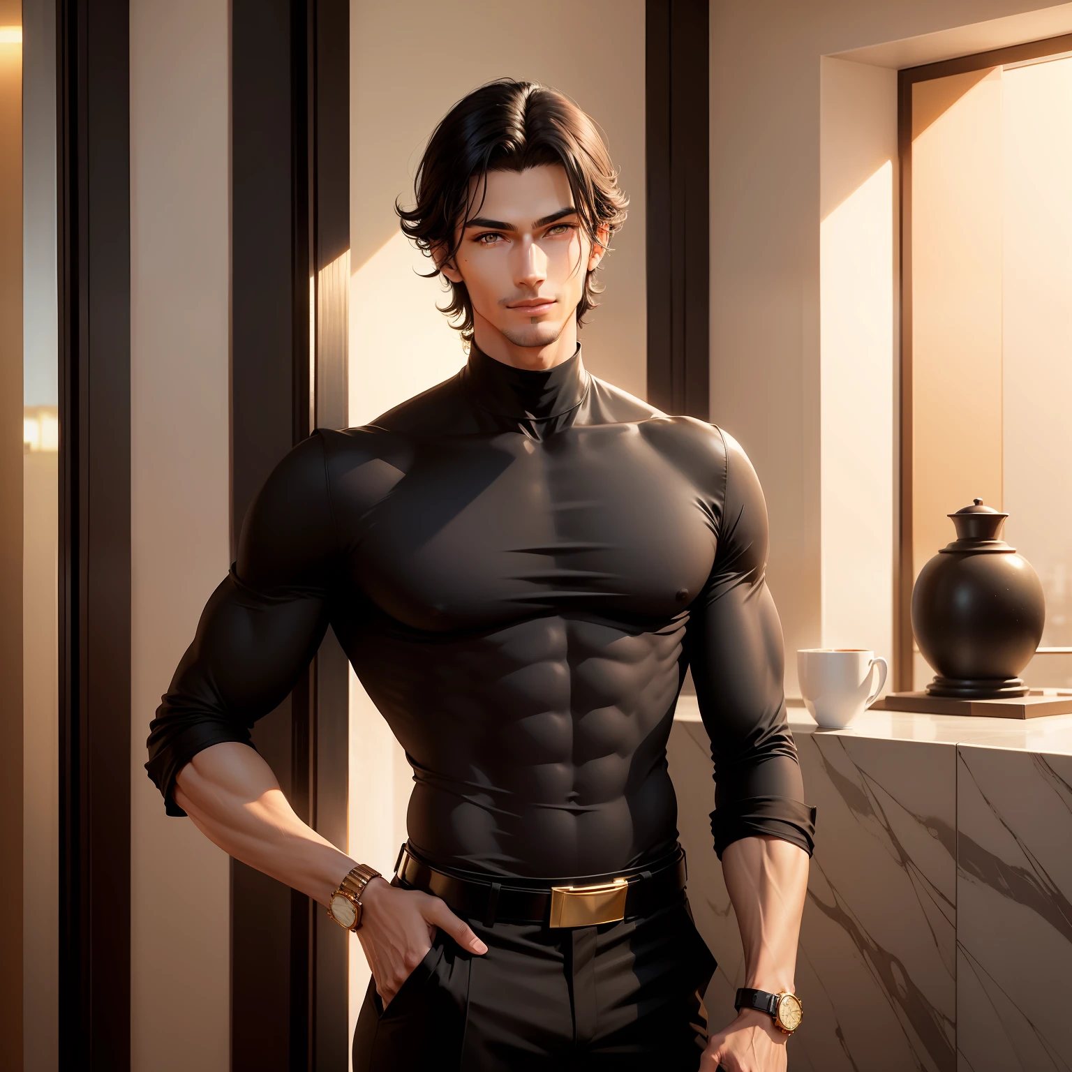 Tall guy, suntanned skin, black  hair, tall vыbrit, golden eyes, black turtleneck with three-quarter sleeves, coffee-colored trousers, Gold watch on the arm, ssmile, not very muscular, hair on one side