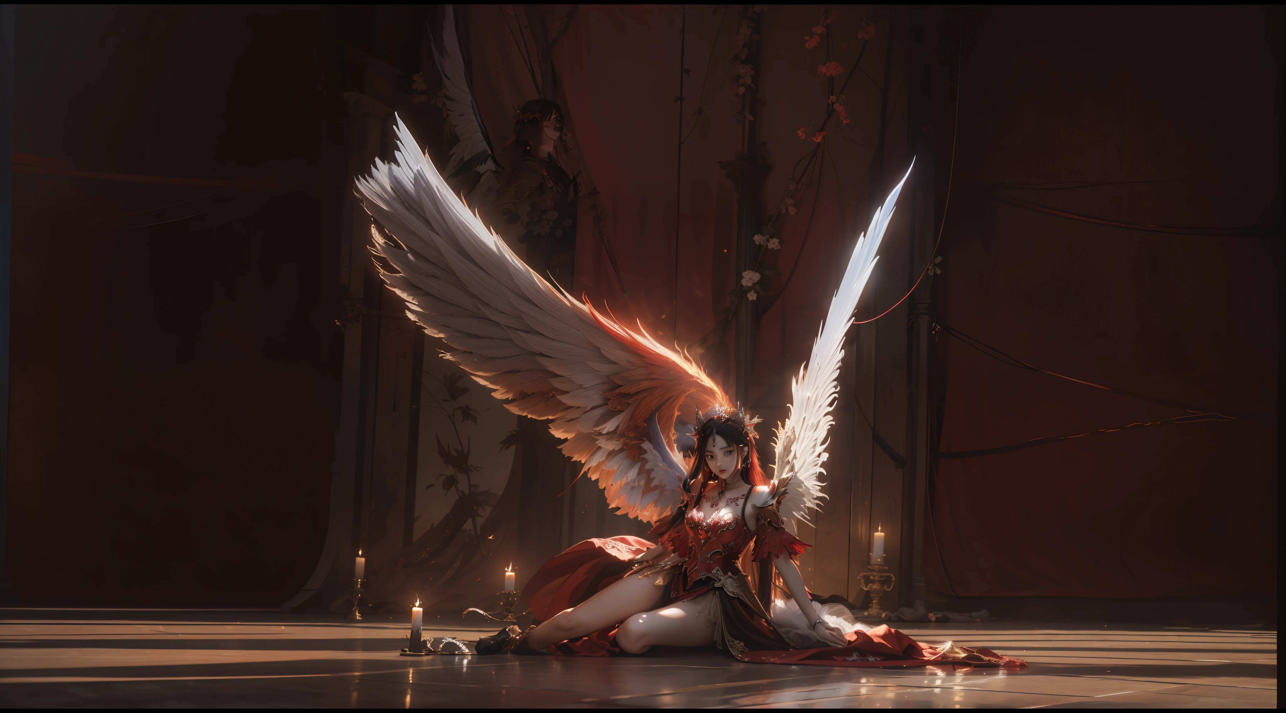 (extremely detailed CG unity 8k wallpaper,masterpiece, best quality, ultra-detailed, beautiful detailed eyes:1.2),best illumination, (best shadow, an extremely delicate and beautiful, bloom),
1gril,solo,red eyes,Heavy armor,long hair,holding sword,Angel wings,black wings,red jewelry,(big wings:1.4),Film filter,Satan, Hellfire,full body,demon,flame,