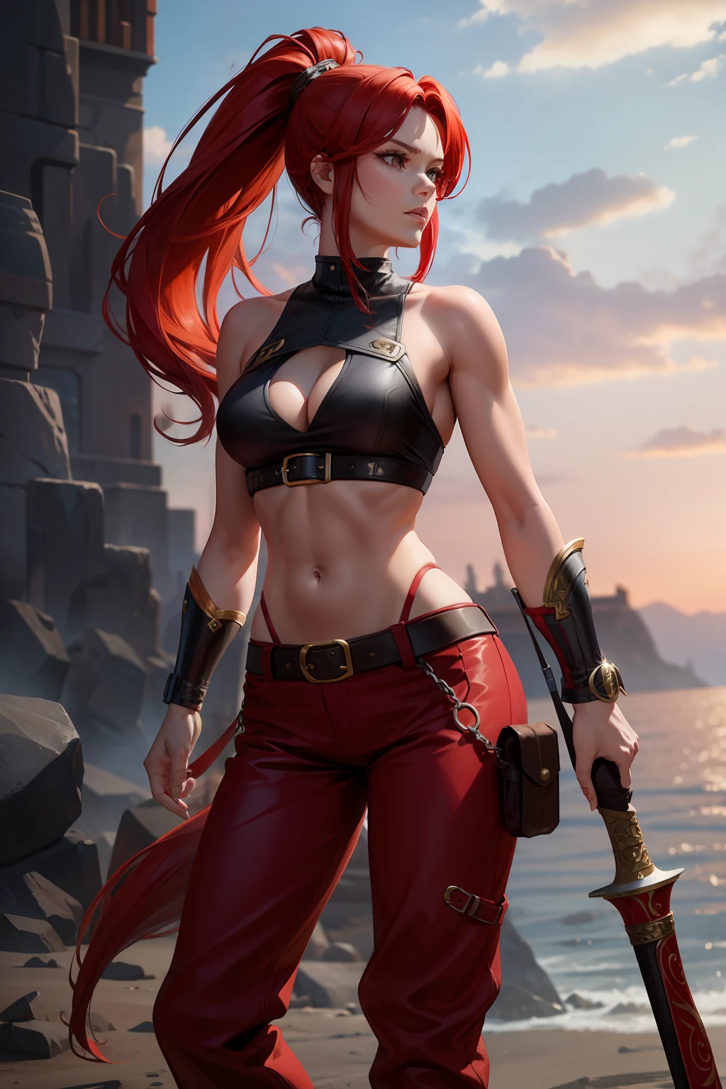 1 woman, red hair, ponytail, toned, fantasy clothes, long pants, badass, high res