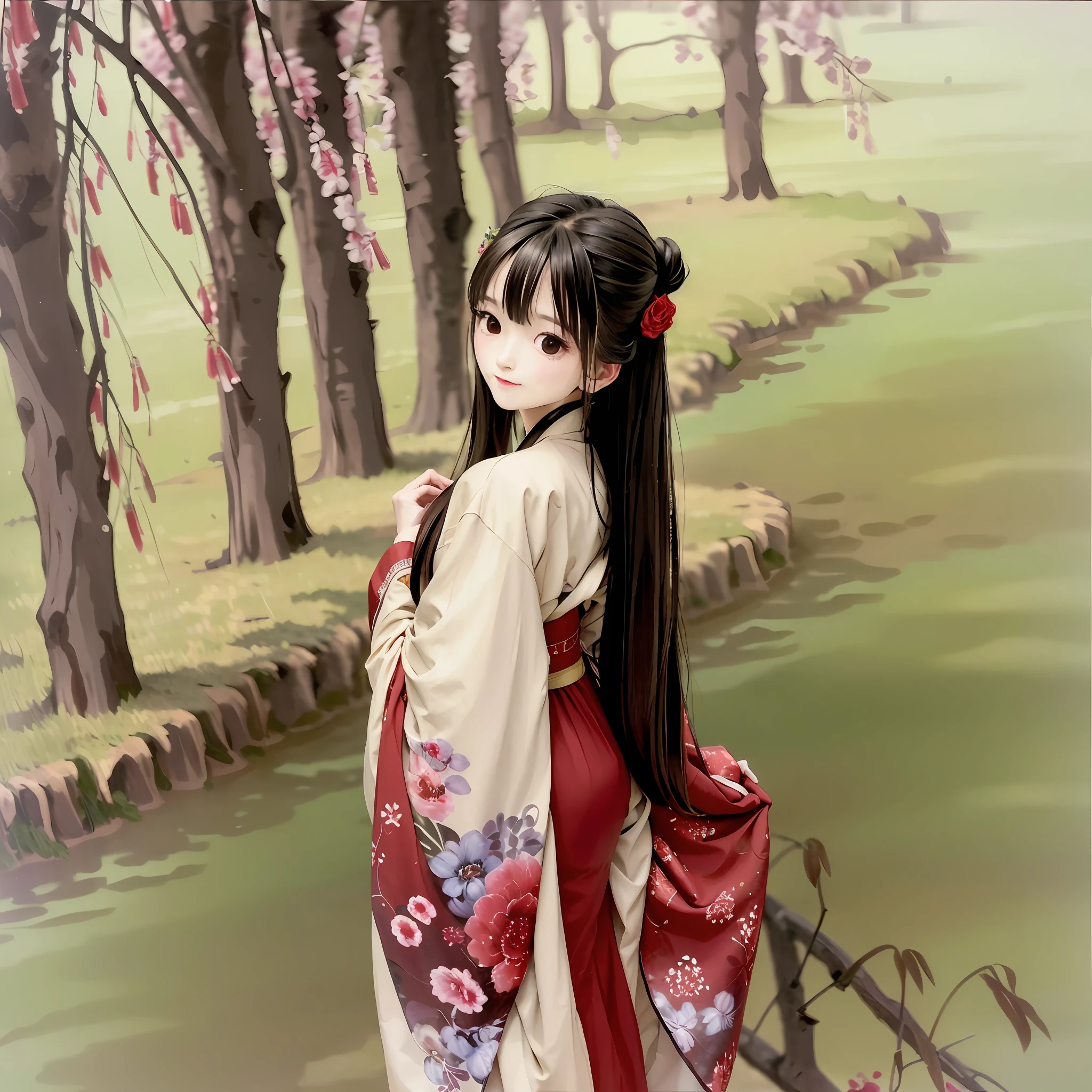 Expression: smile, Action: Hiding behind a flower, Attire: Floral dress, hair: long curly, (red hair), shukezouma, negative space, , shuimobysim , portrait of a woman standing , willow branches, (masterpiece, best quality:1.2), traditional chinese ink painting, modelshoot style, peaceful, (smile), looking at viewer, wearing long hanfu, hanfu, song, willow tree in background, wuchangshuo,
