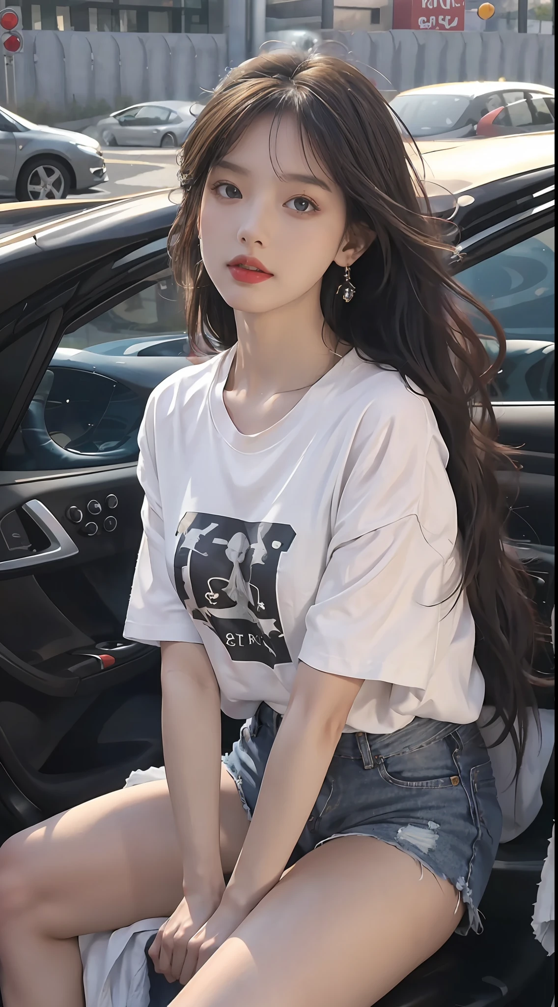 Best quality, masterpiece, super high resolution, (realistic: 1.4), original photo, (evening street), 1 girl, black eyes, looking at the audience, long hair, light makeup, lips, small ears, white t-shirt, denim shorts, earrings, sitting Ferrari, big breasts, slim