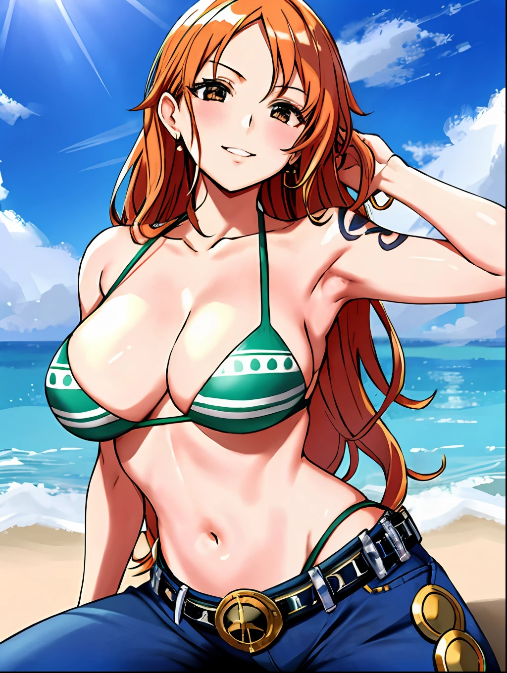 detailed background, masterpiece, 4k, epic, best quality, late youth, , milf, athlete body, 1girl, active, energic, ((wide open mouth, smile, lying on the ground, fully lying down, open eyes, hands spread sideway)) , solo, nami \(one piece\), 1girl, bangle, (very missy hair, tired, open mouth, feeling hot, tilting head, both hands spreadeagled, serious, hurt, glaring, open eyes, looking up, perfect detailed face, round face) bold drawing lines, muscular arms, detailed bold arm lines, flat jaw, adultn, wavy wide streaked bangs, floating bang, (big cheeks), bare shoulders, off-shoulders, belt, bikini, bikini top only, blue sky, bracelet, springy breasts, breast lines, big round eyes, very big brown shiny eyes, bubbles, high eye position, cleavage, cloud, day, denim, earrings, floating hair, shiny hair, green belt, green bikini, bold groin lines, jeans, jewelry, medium breasts, log pose, long hair, looking at viewer, long navel, wet hair, orange hair, pants, shoulder tattoo, sidelocks, sky, solo, stomach, swimsuit, tattoo, detailed left arm, big forehead, hourglass figure, small head, toned body, wide hair, wind effect, sun effect, under the sun, narrow small ears angle, older, straight shot,
