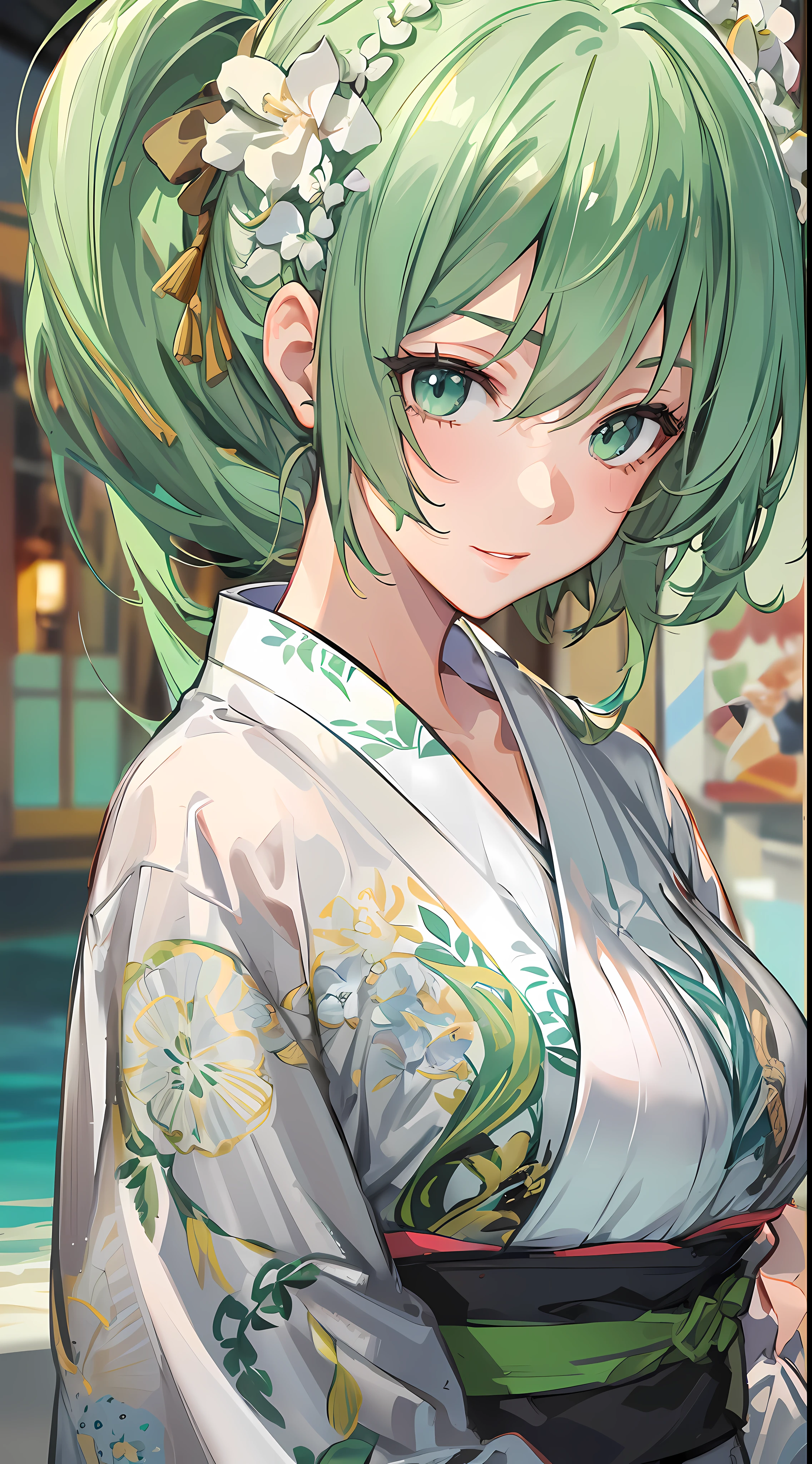 best quality, masterpiece, 1girl, 15 years old, best face, rim lighting, (high detailed skin:1.2), 8k uhd, high quality, high resolution, 4k, 8k, best ratio four finger and one thumb, amazing ilustration, best background matching, anime style 4 k, beautiful background, ultra hd 8K, ({adventurer}, {dragonoid}, {wearing yukata}, {holding flower}, {isekai setting}), ({light green hair}, {blunt bang}, {hair bun}, {beautiful hair}, {realistic hair}, {have dragon horn}), ({green eyes}, {calm eyes}, {smirk}), ({best anatomy, best leg anatomy, best, hand anatomy}, {huge breast}, {wearing gown}, {black stocking}, {have dragon tail}, {high heel boots}), ({beach}, {scenery}, {view from behind}), dynamic angle, dynamic pose, additional space special effect