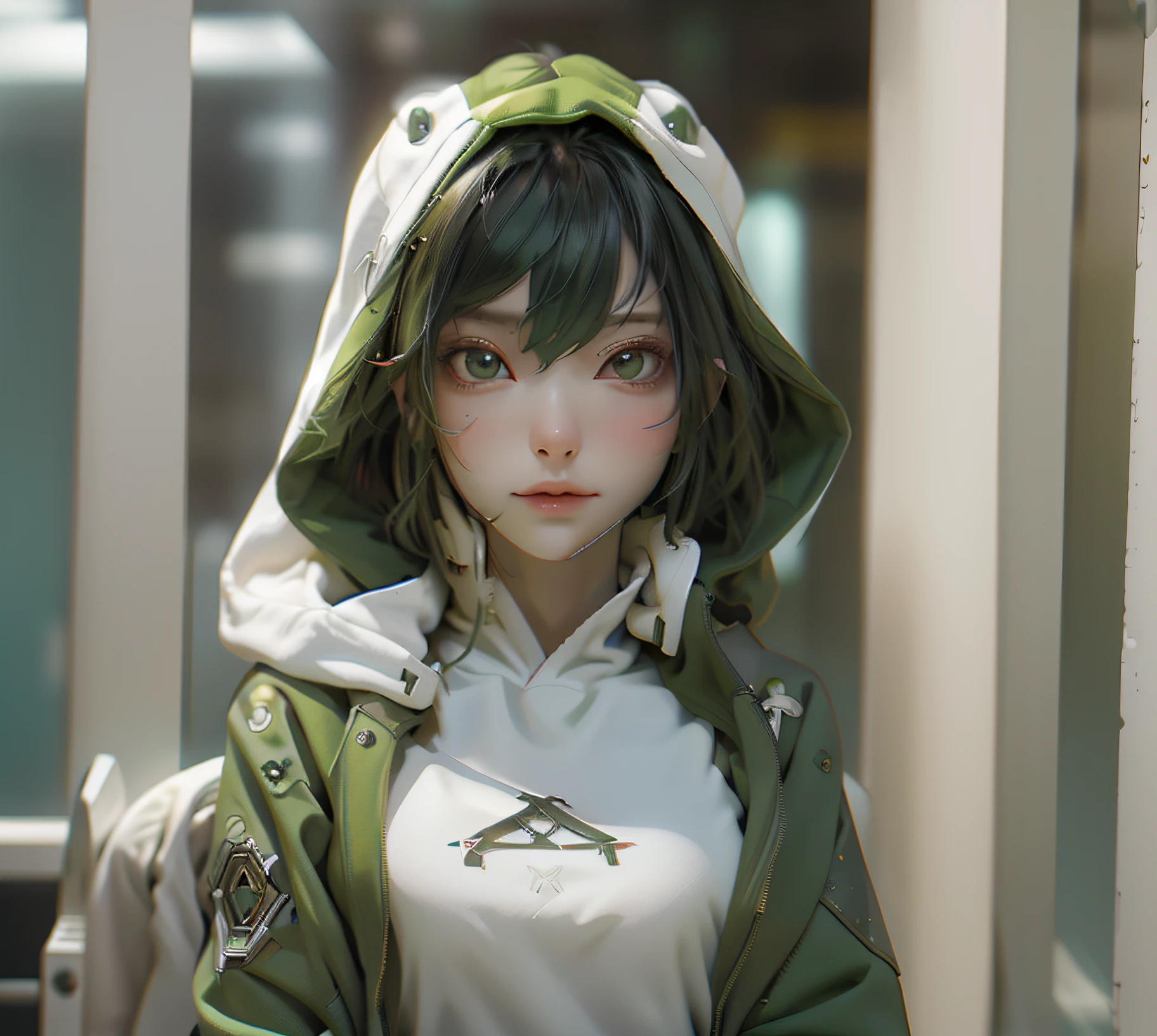 ((best qualtiy)), ((tmasterpiece)), (the detail:1.4), 3D, Anime girl in green hoodie，asiagirl，cyberpunk anime girl in hoodie, Brown-haired girl in hoodie, realistic anime artstyle, anime styled digital art, anime realism style，A beautiful cyberpunk female image,HDR（HighDynamicRange）,Ray traching,NVIDIA RTX,Super-Resolution,Unreal 5,Subsurface scattering、PBR Texture、post-proces、Anisotropy Filtering、depth of fields、maximum definition and sharpness、Many-Layer Textures、Albedo e mapas Speculares、Surface Coloring、Accurate simulation of light-material interactions、perfectly proportions、Octane Render、Two-colored light、largeaperture、Low ISO、White balance、the rule of thirds、8K RAW、