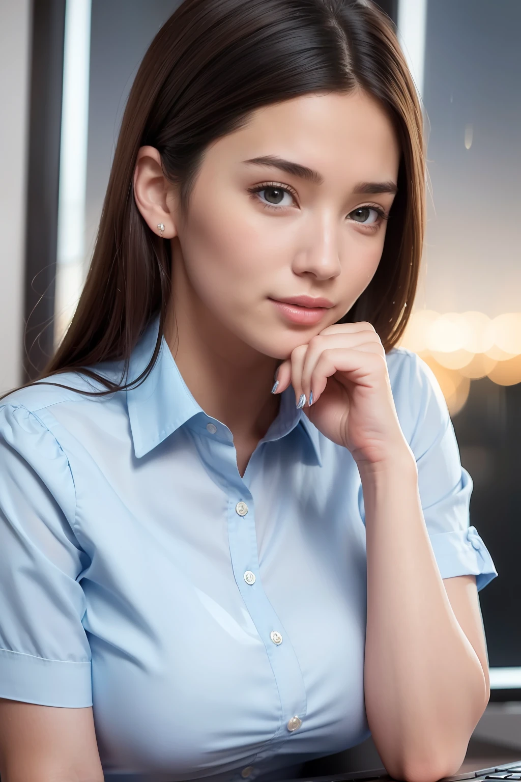 (8k, best quality, masterpiece:1.2), (realistic, photo-realistic:1.37), ultra-detailed, 1 girl,cute, solo,beautiful detailed sky,detailed office,night,sitting,(nose blush),(smile:1.15),(closed mouth) , medium breasts,beautiful detailed eyes,(collared shirt:1.1), night, wet,business attire, rain, (short hair:1.2), pureerosface_v1, computer, detail finger, beautiful detailed face,
