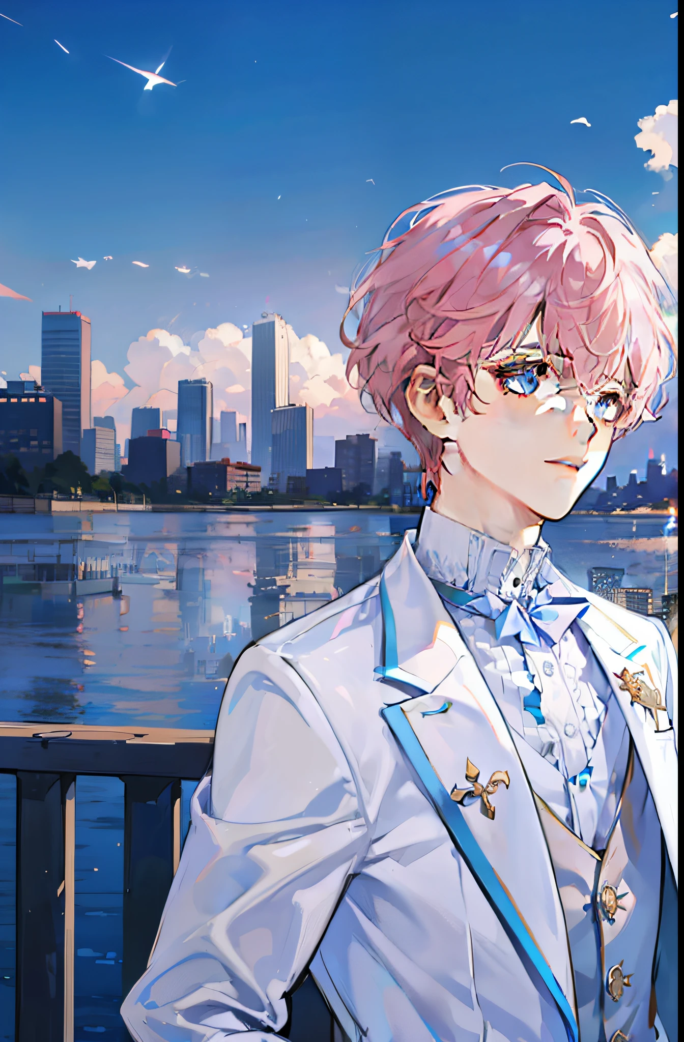 tmasterpiece，A pink-haired，Separate bangs，Blue and white storm suit，Young boys，city ruins，blue-sky，The sense of sacredness