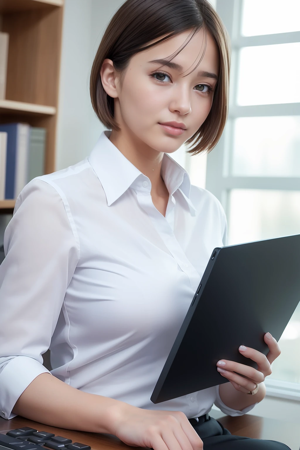 (8k, best quality, masterpiece:1.2), (realistic, photo-realistic:1.37), ultra-detailed, 1 girl,cute, solo,beautiful detailed sky,detailed office,night,sitting,(nose blush),(smile:1.15),(closed mouth) , medium breasts,beautiful detailed eyes,(collared shirt:1.1), night, wet,business attire, rain, (short hair:1.2), pureerosface_v1, computer, detail finger, beautiful detailed face,