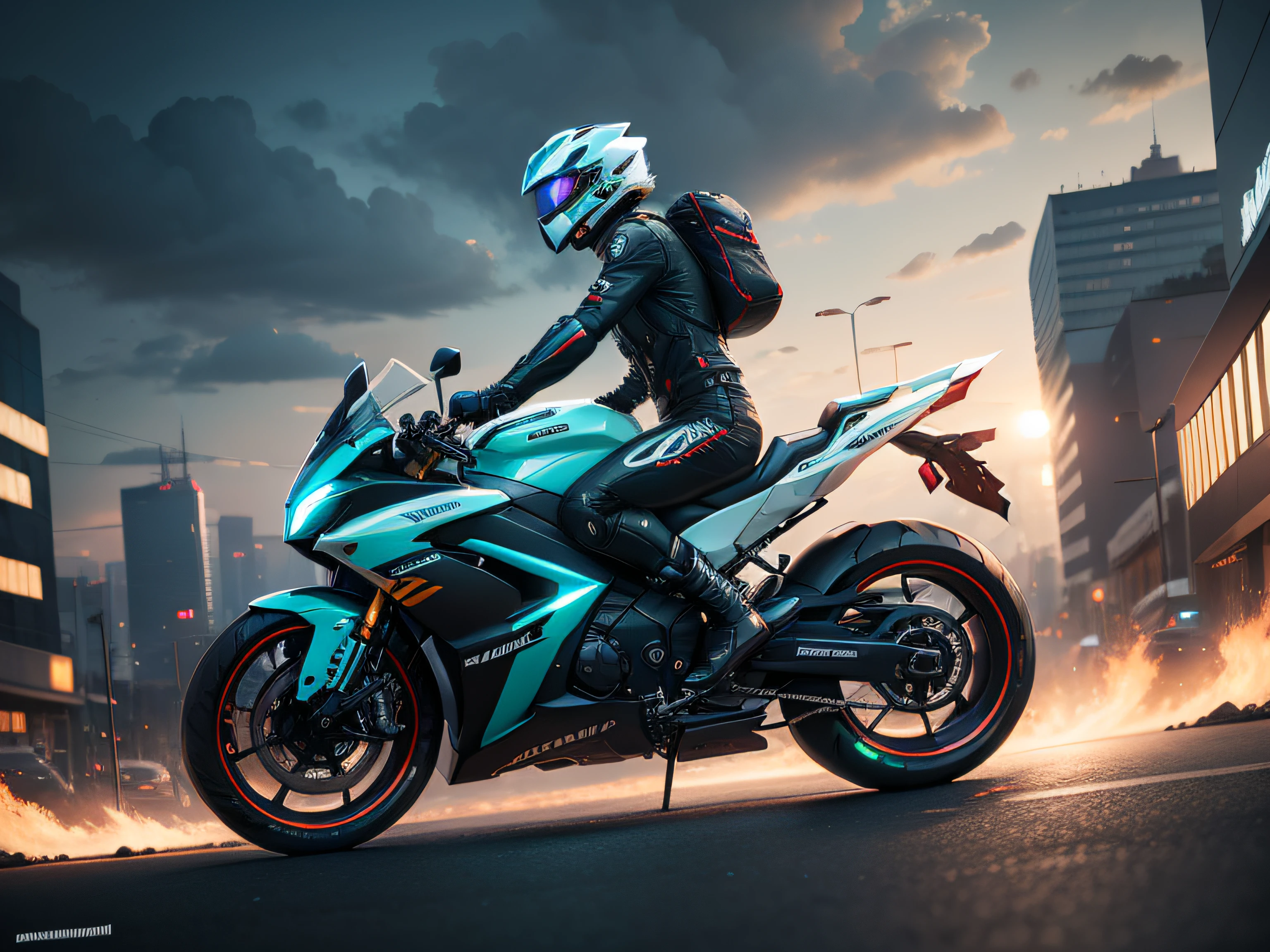 Imagine a futuristic landscape depicting a highly developed city with a futuristic motorcycle featured. The image will be generated with a resolution of 1920x1080 pixels (Full HD) usando uma Rede Generativa Adversarial (GAN).
The city is a metropolis of the future, characterized by skyscrapers of futuristic design, solar panels integrated into buildings and streets filled with flying vehicles and innovative technologies. Holograms and digital ads fill the urban space, creating a dynamic and energetic atmosphere.
No centro da cidade, A futuristic motorcycle catches the eye. It has an aerodynamic and elegant design, with metallic details and shiny surfaces. The wheels can be replaced with thrusters that float slightly above the ground, giving the bike a unique and technological appearance.
The scenario shows the bike in motion, with traces of colored LED lights left behind, criando um efeito visual impressionante. The motorcyclist is dressed in a futuristic costume that reflects the modern aesthetic of the city. Pode haver detalhes interativos no traje ou capacete do piloto, that add a futuristic and technological touch to the scene.
The scenery around the city is equally spectacular. Futuristic mountains can surround the city, with its curvilinear shapes and vibrant colors, enhancing the futuristic atmosphere. The sky can be filled with energy-charged clouds or with additional flying vehicles, making the scene even more dynamic.
A imagem deve capturar a diversidade da vida urbana em uma cidade populosa do futuro. Pessoas de diferentes origens podem ser retratadas interagindo nas ruas movimentadas, using advanced technologies or taking advantage of modern public spaces.
The style of the image combines realistic elements with a sense of wonder and innovation. Vivid and contrasting colors enhance the futuristic and technological aspects of the scene, creating a stunning image that transports the viewer to an exciting view of the