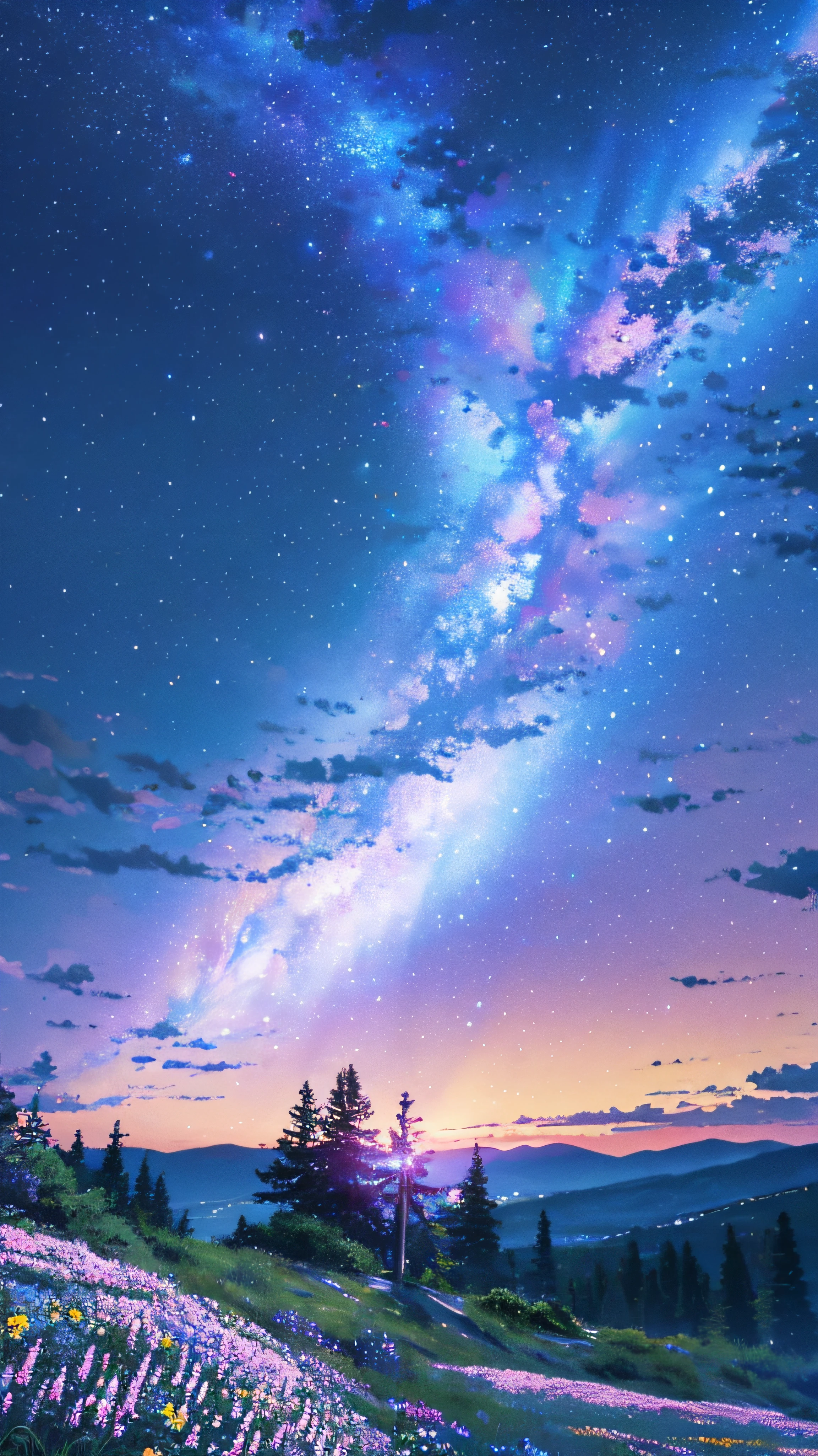 High quality, high detail, brilliant starry sky, flowers of various colors emit dazzling light CG Art 8K