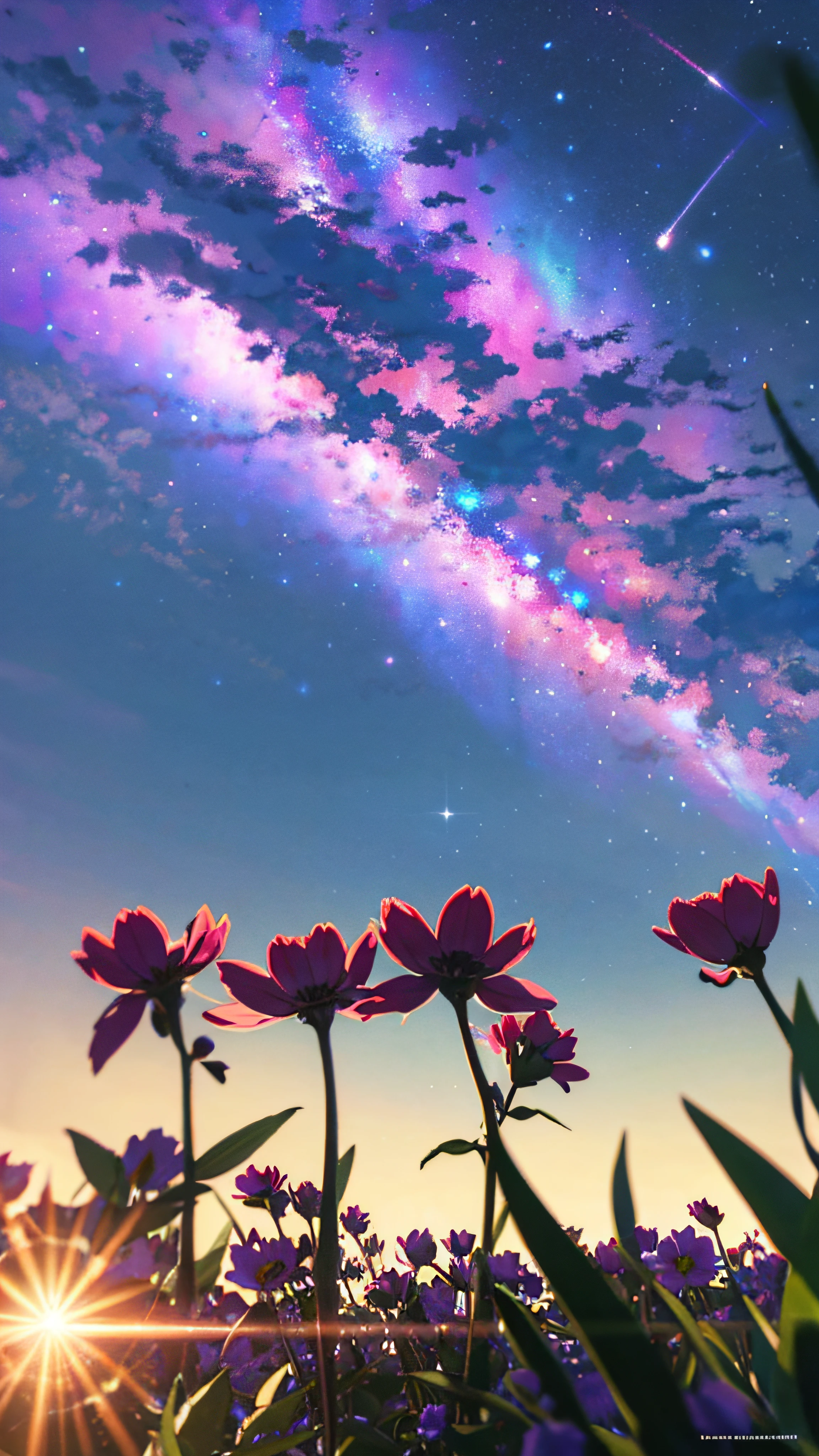 High quality, high detail, brilliant starry sky, flowers of various colors emit dazzling light CG Art 8K