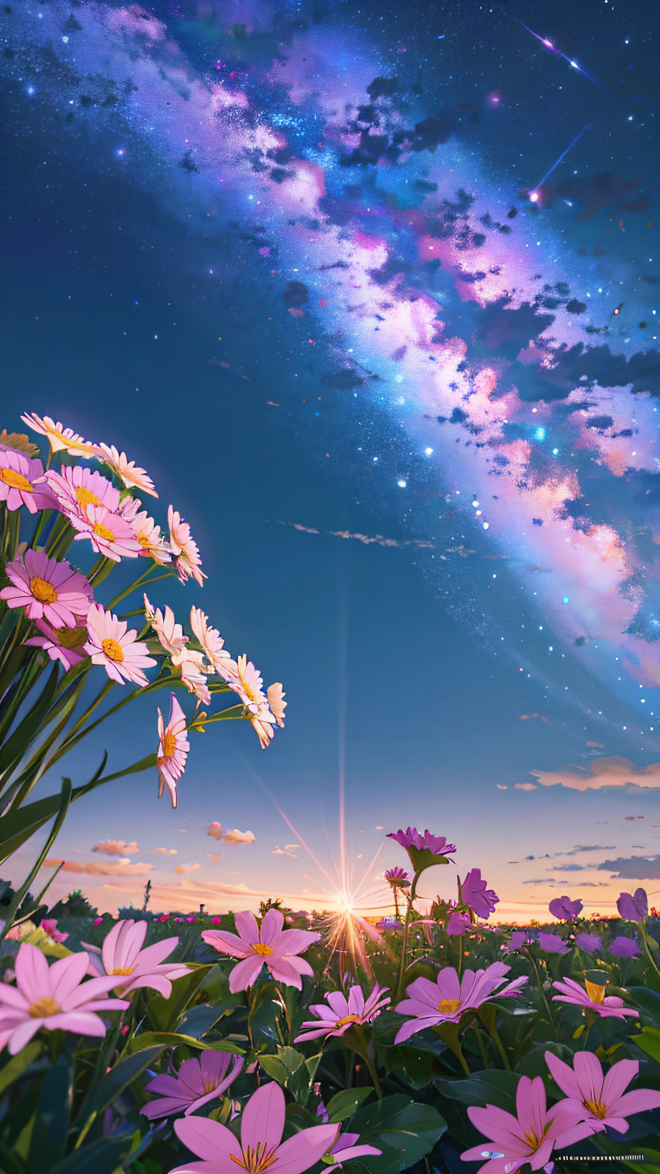 A field of flowers with the sun shining through the sky - SeaArt AI