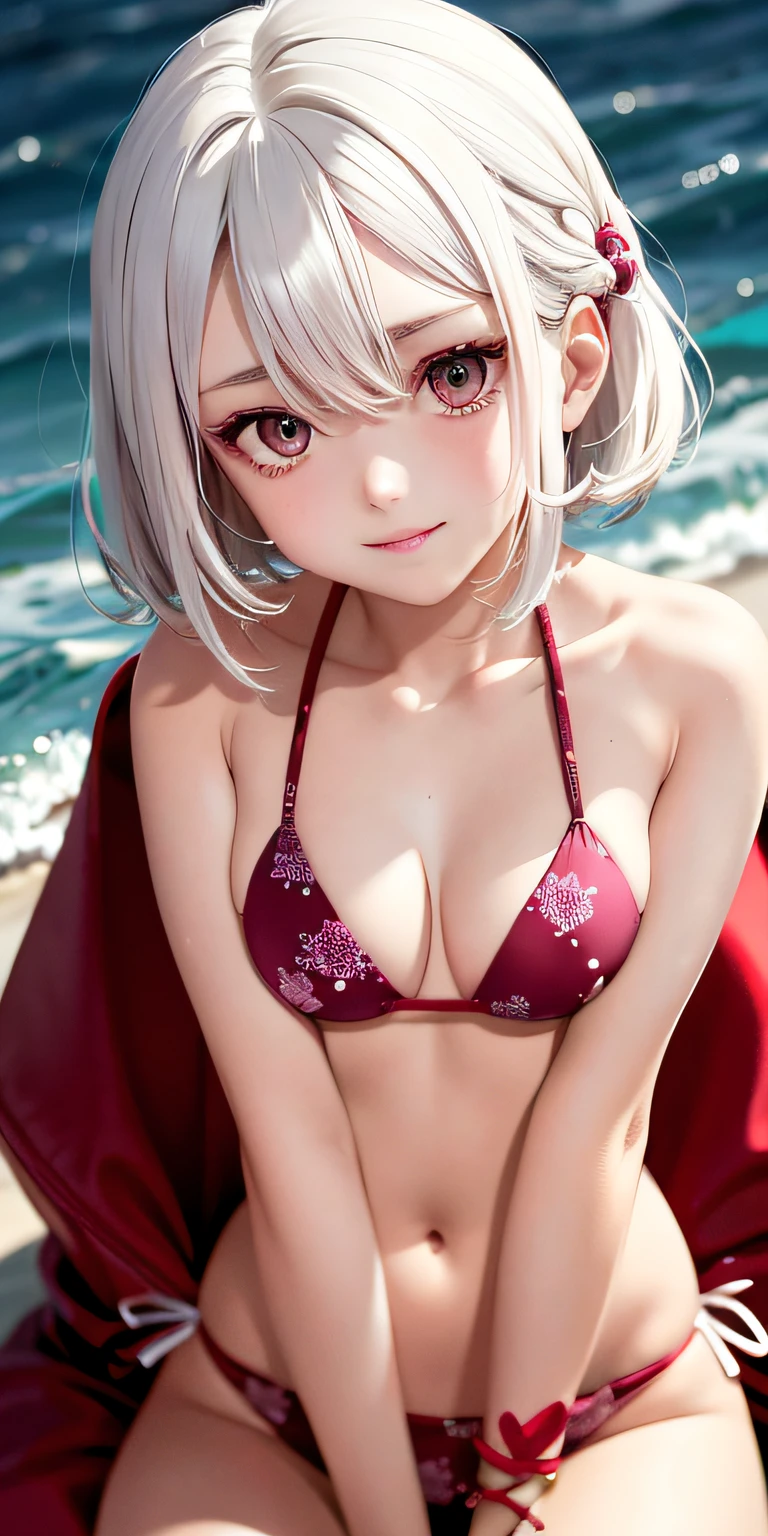 Need,tmasterpiece,with short white hair,A strand of hair curled upwards in front of her forehead,Pink eyes,swim wears,Look up,full bodyesbian,Hairline,Fair skin,ssmile,Place your hands on your thighs