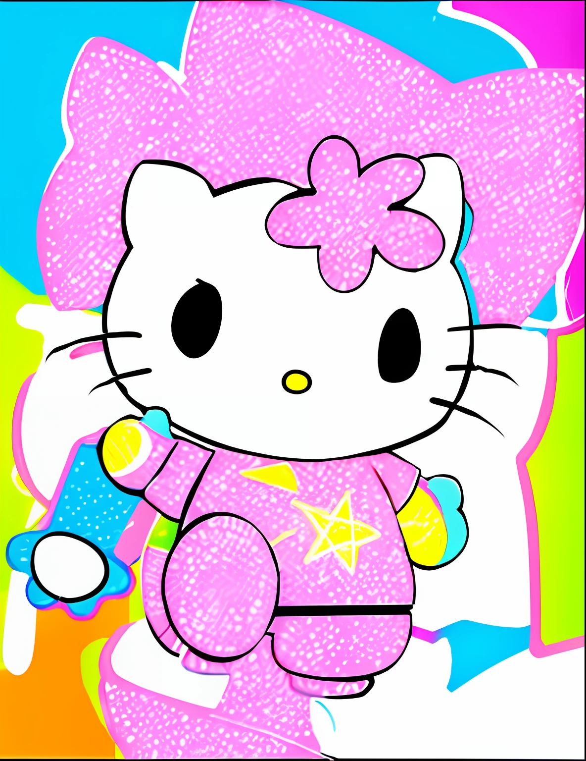 Hello Kitty, Outline sketch, contour drawing,Cartoon drawing, kitty, Content filling，cyber punk style，Neon lights