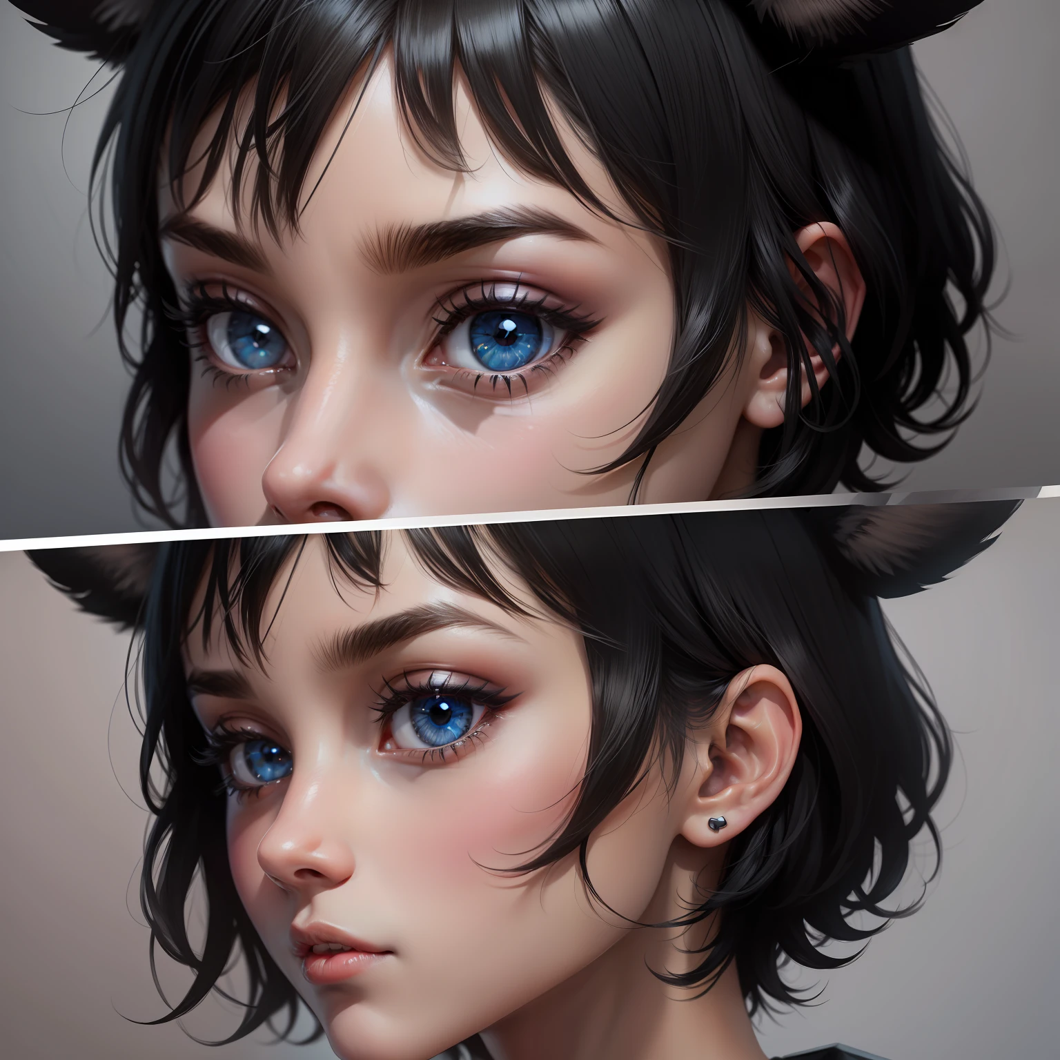 black hair, eBlue eyes, short detailed hair, dog ears, comic strip, 8k, super detail