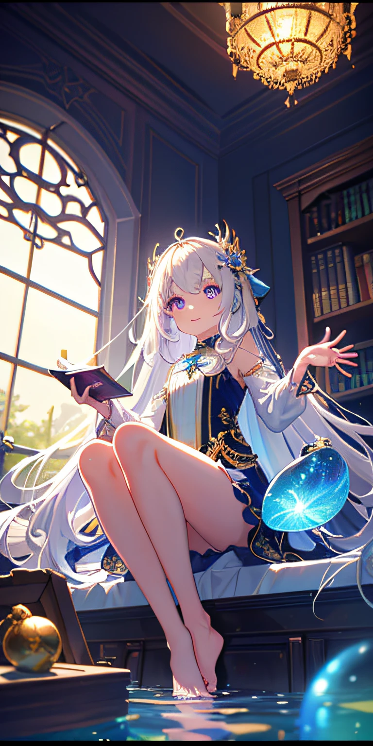 [(Transparent background:1.5)::5],(((Masterpiece))),(((Best quality))),(((Extremely detailed))),illustration, 1girll,Solo,mysterious,vivd colour,Shiny, Underwater transparent sealed hemispherical glass dome, (White hair),(Purple eyes), full bodyesbian,Barefoot,Long hair tranquility nature, Koi,Underwater, Dome,Close up,Dynamic actions,Lens perspective,(((Box composition))),sitting cross-legged，Leaning against the bookshelf, voluminetric lighting, multi colored eyes, Detailed eyes, ultra - detailed,Light smile, Highly detailed, Beautiful, small detailed, Ultra detailed, Best quality, Intricate, 4K, 8K, trending on artstationh, Good anatomy, Beautiful lighting, Award-winning,