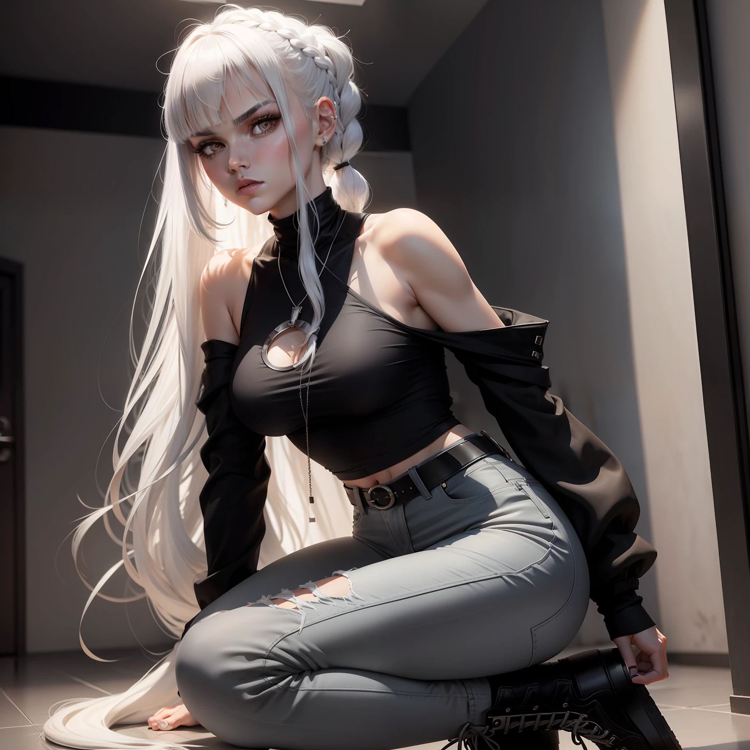 Tall girl, white colored hair, braiding your hair into a ponytail, Long bangs on one side, Silver eyes, Black Top, dark gray jeans, black boots, silver jewelry, Serious face