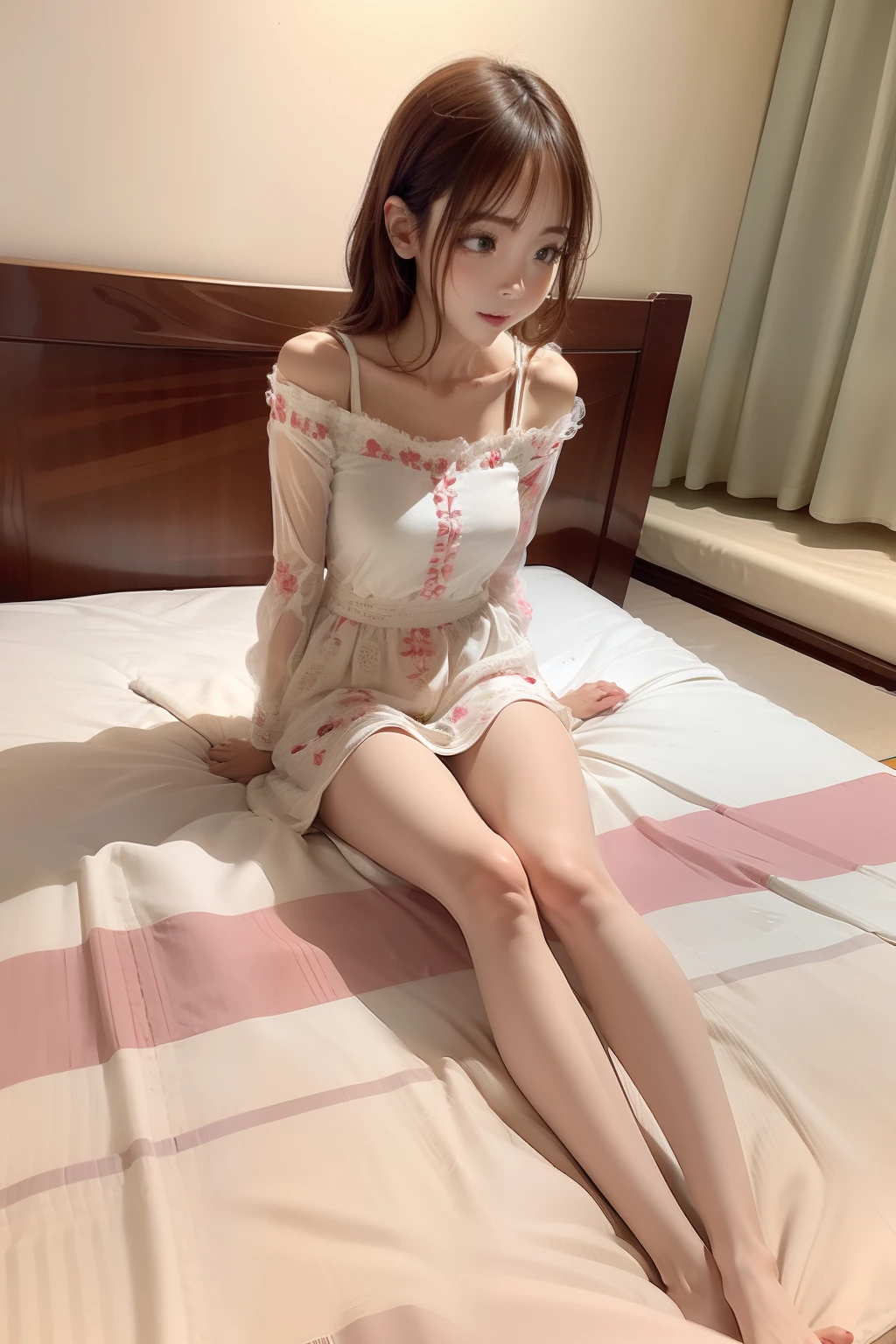 The cute little lady was very dragging,sit on a bed,legs separated