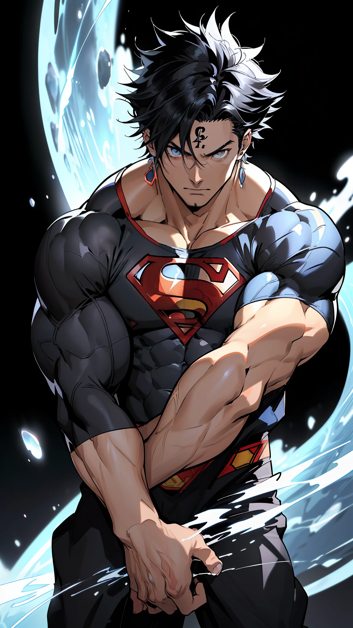 (anime) . (Male) (man (Superman)), blue eyes, black hair, in the space, full body . (Masterpiece: 1.8), (64k quality), (final fantasy artwork concept), detailed (manga eyes + hair + clothes + body + face + colors + shoulders + eyes (globular + transparent + liquid) + (sharper drawings) + (shiny jewelry) + (clothes folds) + (rounded eyes) + (consistent clothes) + (clothing features) + (eyes line), better (colorful + (coarser line) + (black line) + finishing . [Drawing] (Anime (Manga (Comics))) + (Coarse Line: 1.8) + (Black Line: 1.8) + (Color: 1.8) + (Clean: 1.8) + (Contrast: 1.8) + (Black Outline: 1.8) + (adjusted colors: 1.8) + (shadow set: 1.8) + (manga eyes: 1.8) + ((muscle: 1.8)) + ((bodybuilder: 1.8)), ((made homogeneous: 1.3))
