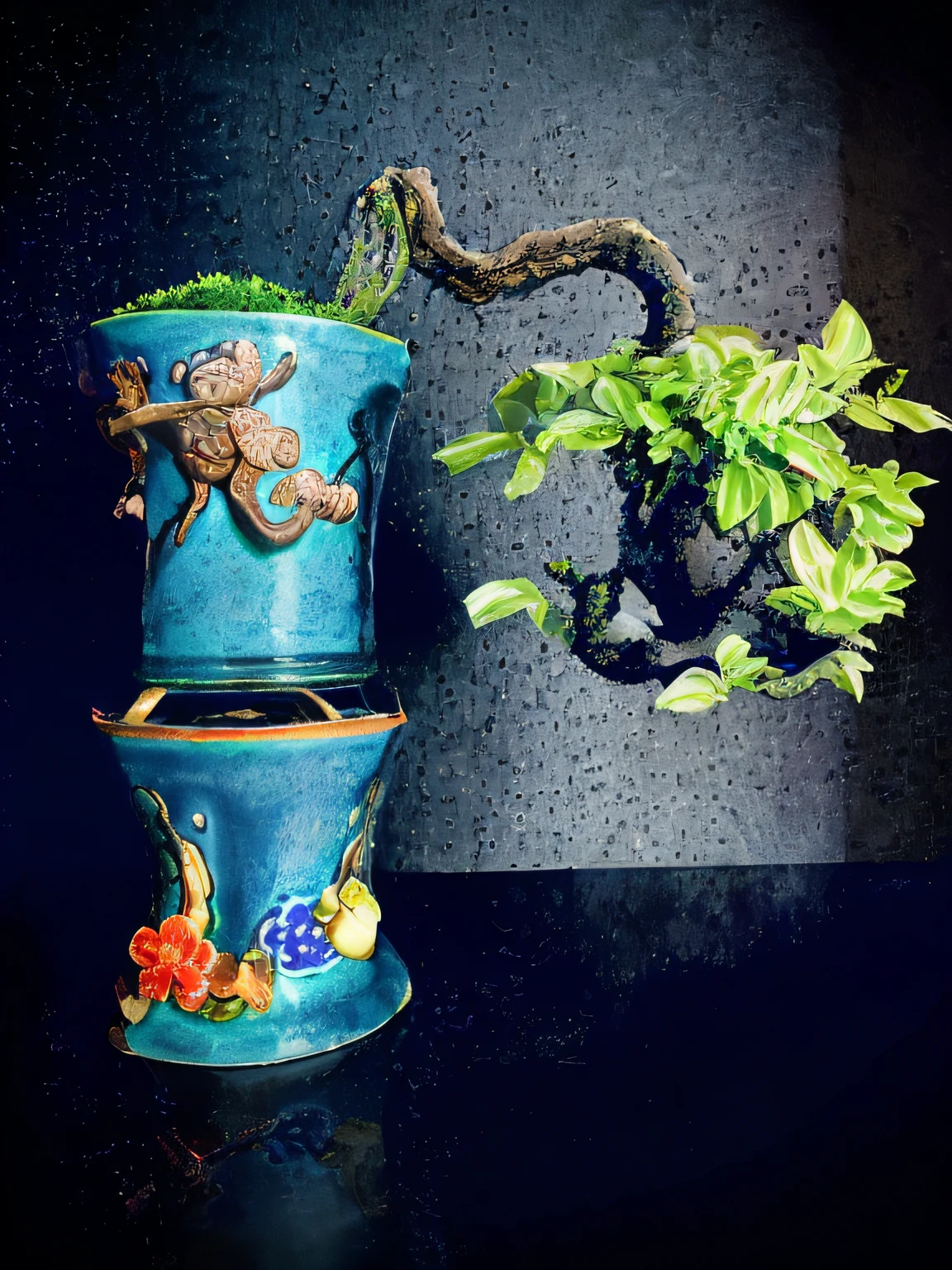 there is a plant in a vase next to a small tree, the sacred cup of understading, galactic bonsai, spirited water plants, blue bonsai, blue and pink bonsai tree, unique pot made for houseplants, cloisonnism, inspired by Tani Bunchō, chinese style, inspired by Gong Kai, covered in flame porcelain vine, pots with plants,anime