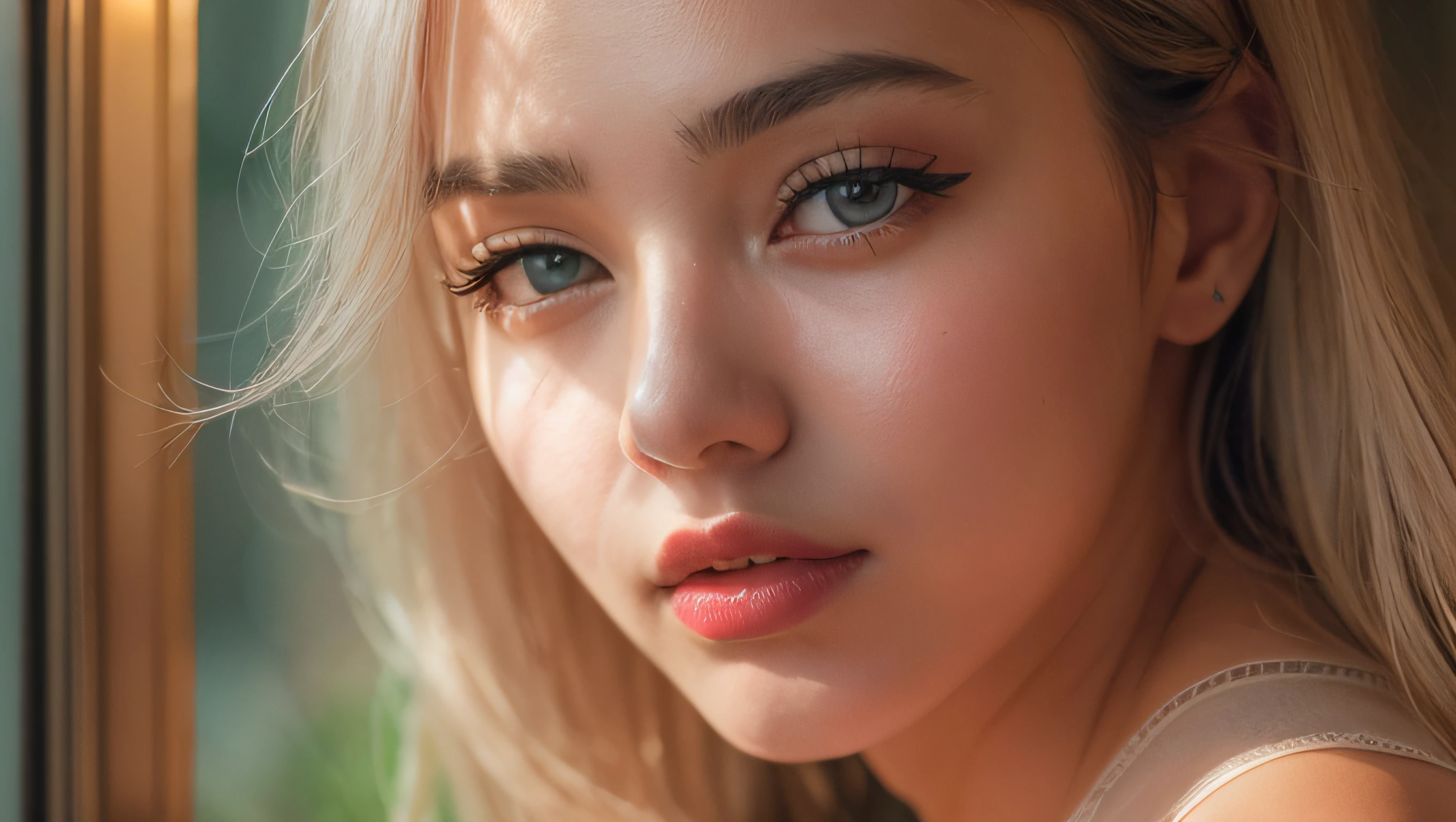 RAW photo, a 22-year-old-girl, no clothes on, no bra, no panties, no underwear, sit beside window, (1girl), (realistic), (photo-realistic:1.5), lipstick,(RAW photo, 8k uhd, film grain), Sharp Eyeliner, Blush Eyeshadow With Thick Eyelashes, extremely delicate and beautiful, 8k, soft lighting, high quality, highres, sharp focus, extremely detailed, beautiful detailed eyes, extremely detailed eyes and face, masterpiece, (high detailed skin:1.2), 8k uhd, dslr, soft lighting, high quality, film grain, Fujifilm XT3