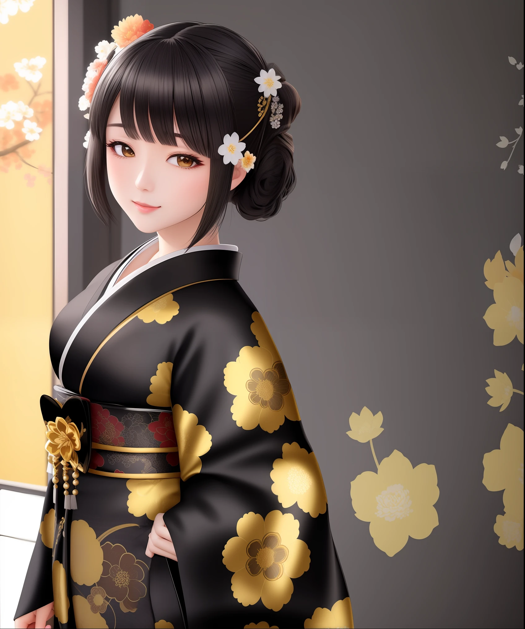 Masterpiece, 4K, beautiful, kimono, black,white flower pattern, black kimono belt with superb golden embroidery,woman wearing the kimono,traditional Japanese house background,  bimbo, glossy, detailed background