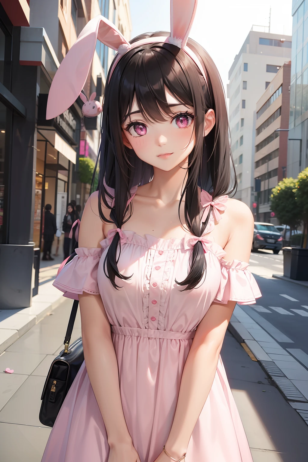 a women, pink bunny ears, black hair, pink eyes, pink dress